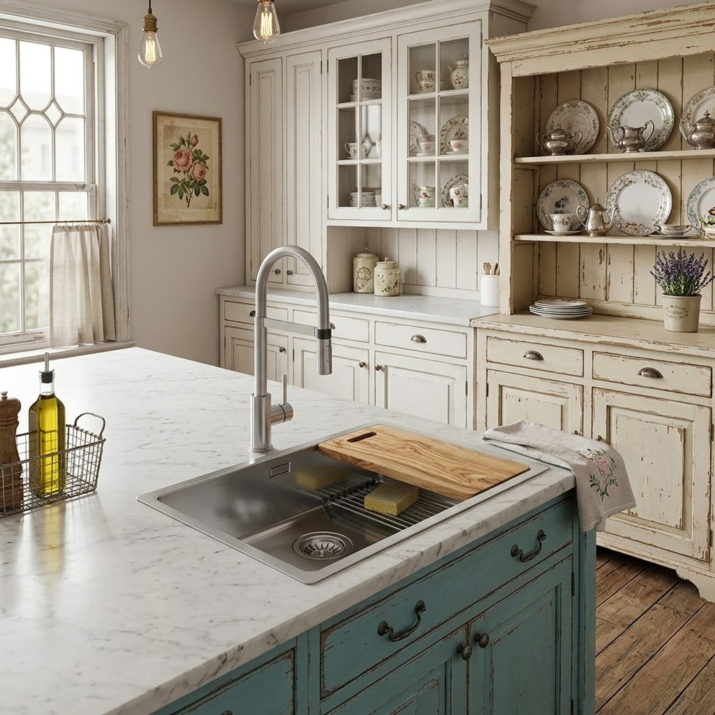 Cucina bianca con piano in marmo, lavello in acciaio, pavimento in legno e mobile antico con stoviglie.