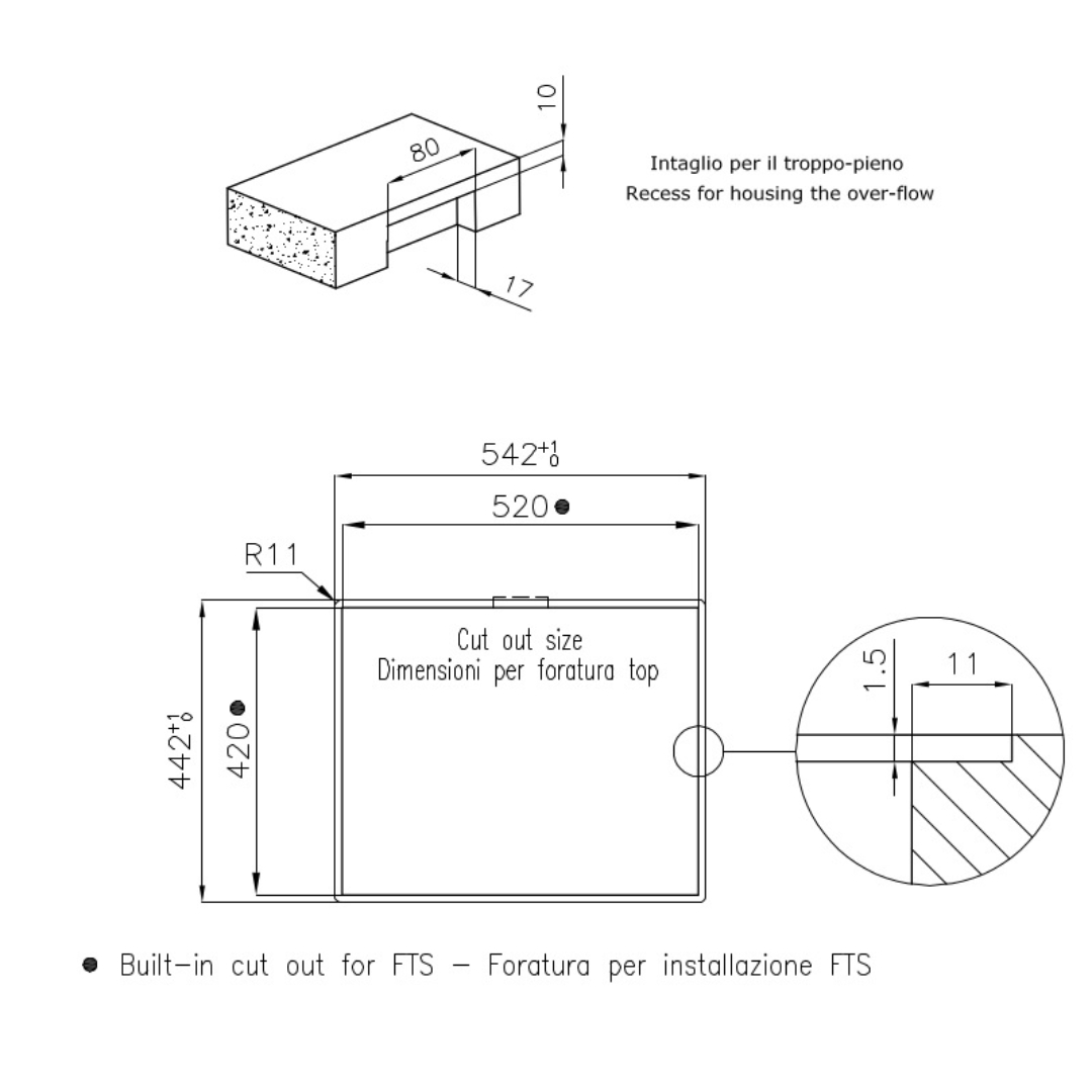 Disegno tecnico con quote per foro lavello e intaglio troppopieno.