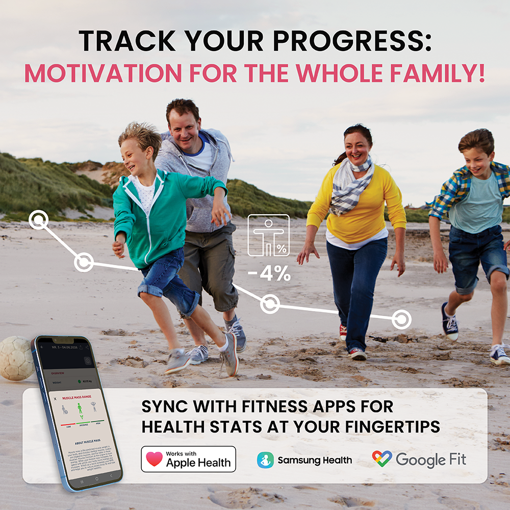 A family runs on a beach while a smartphone app displays fitness stats.