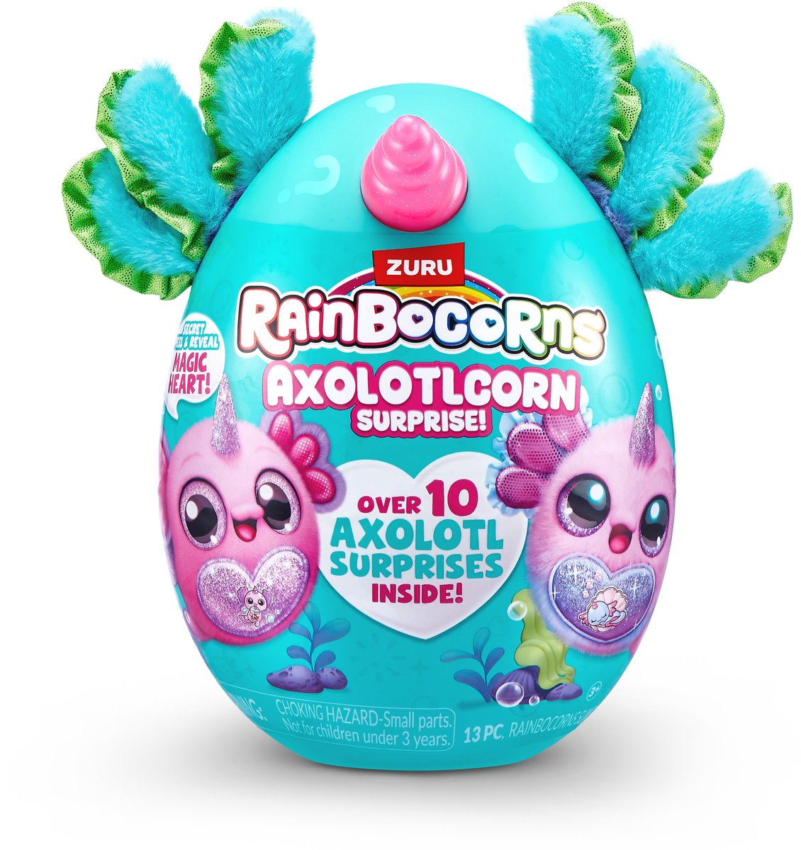 Ein türkises Rainbocorns Axolotlcorn Surprise Spielzeugei mit flauschigen blauen Flossen und pinkem Horn.