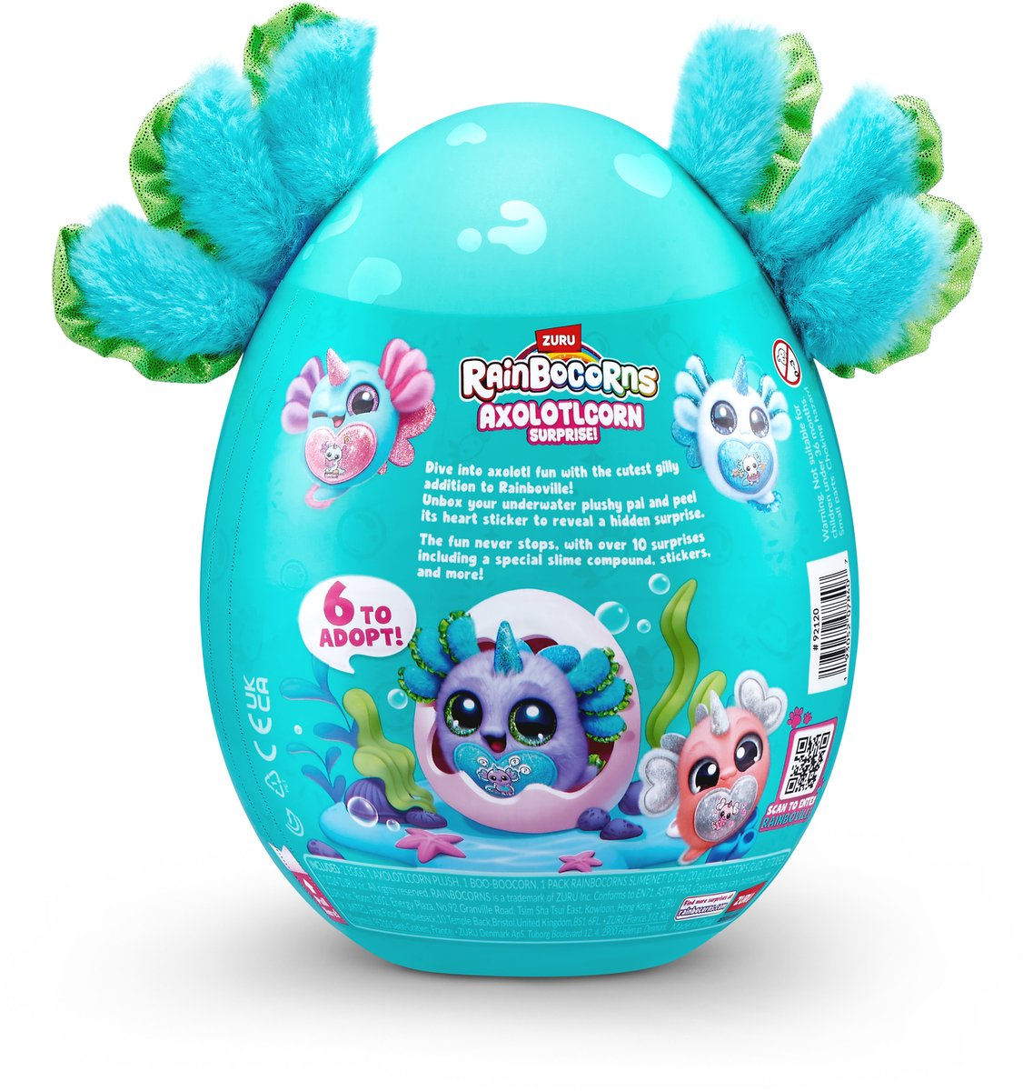 Türkisblaues Rainbocorns Axolotlcorn Ei mit Plüschohren und bunten Grafiken.