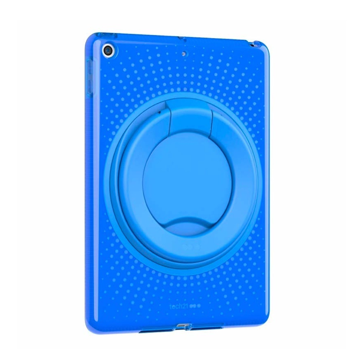 Eine blaue Tablet-Hülle mit einem runden Ständer auf der Rückseite vor weißem Hintergrund.