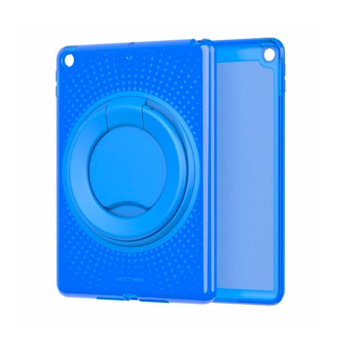 Blaue transparente Tablet-Hülle mit einem integrierten Ständer auf der Rückseite vor weißem Hintergrund.