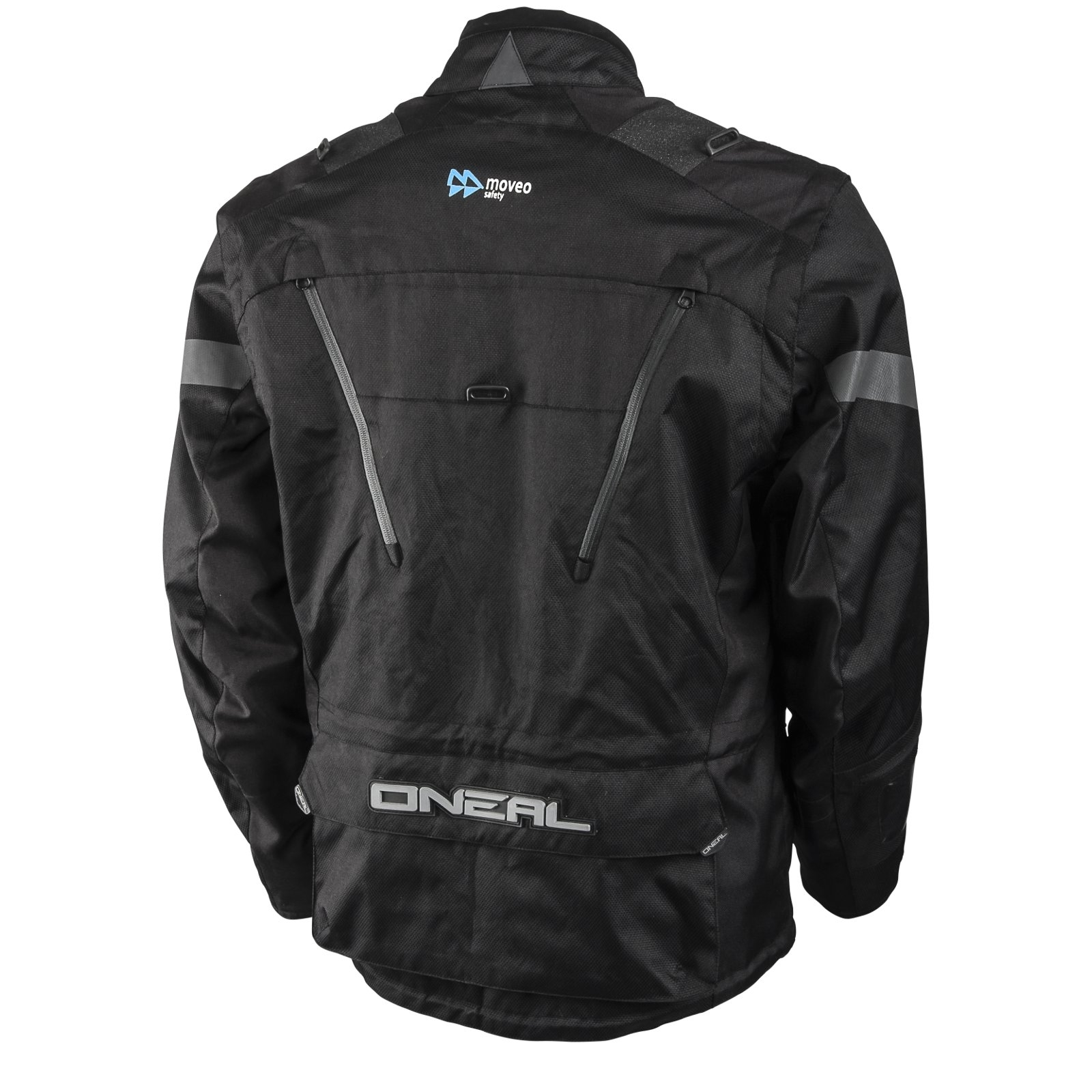Rückansicht einer schwarzen Motorradjacke mit grauen Akzenten, reflektierenden Streifen und der Aufschrift O'Neal.