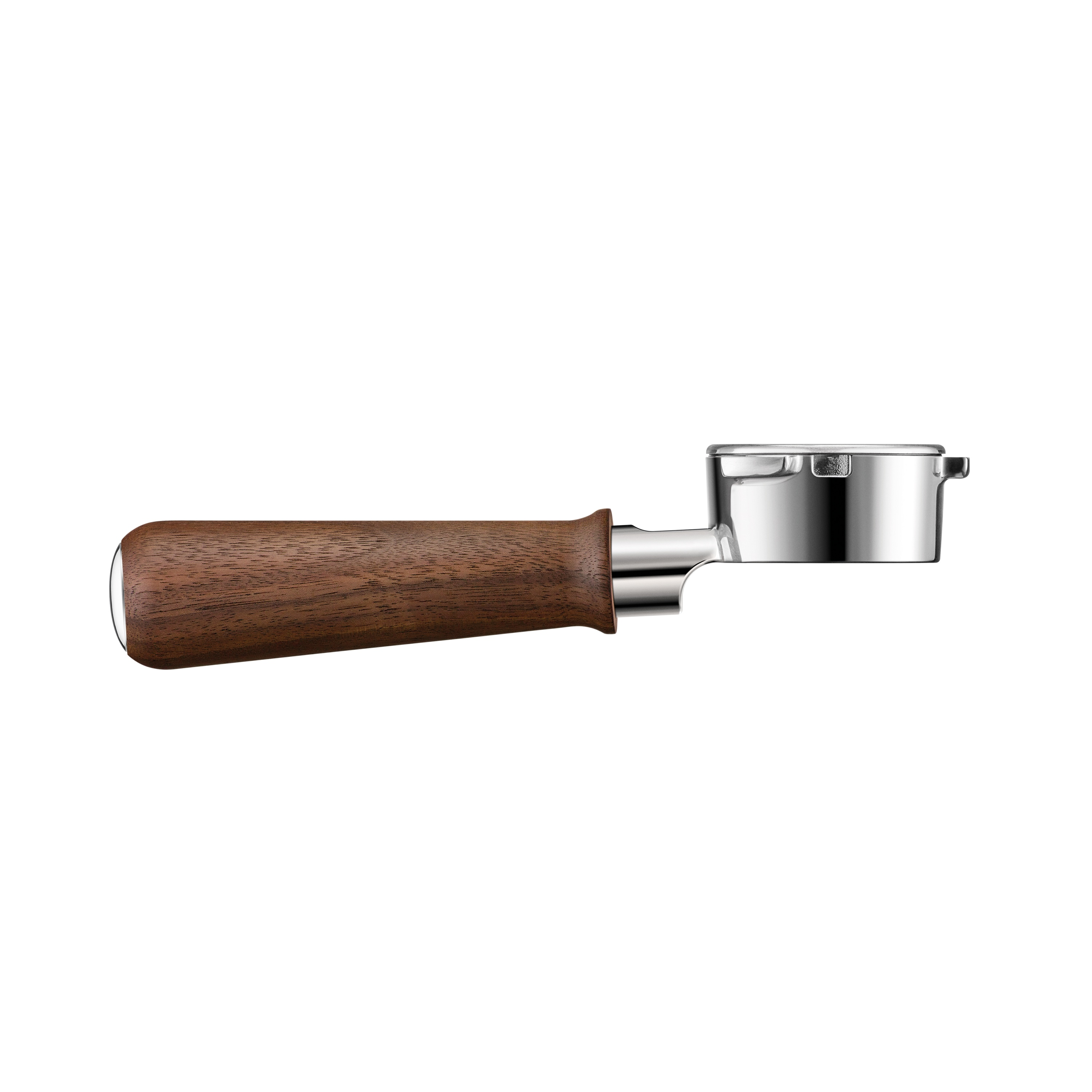 Ein Kaffeemaschinen-Siebträger mit glänzenden Metallelementen und einem dunklen Holzgriff vor weißem Hintergrund.