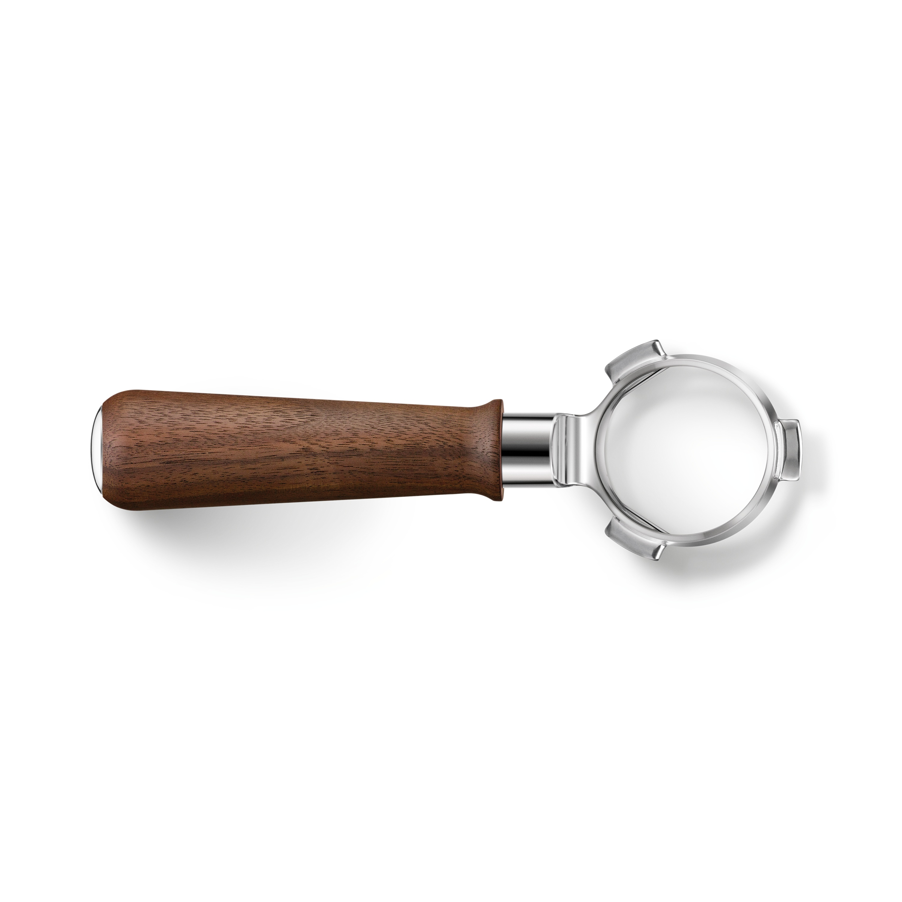 Ein Siebträger für Espressomaschinen mit dunklem Holzgriff, von oben auf weißem Hintergrund.
