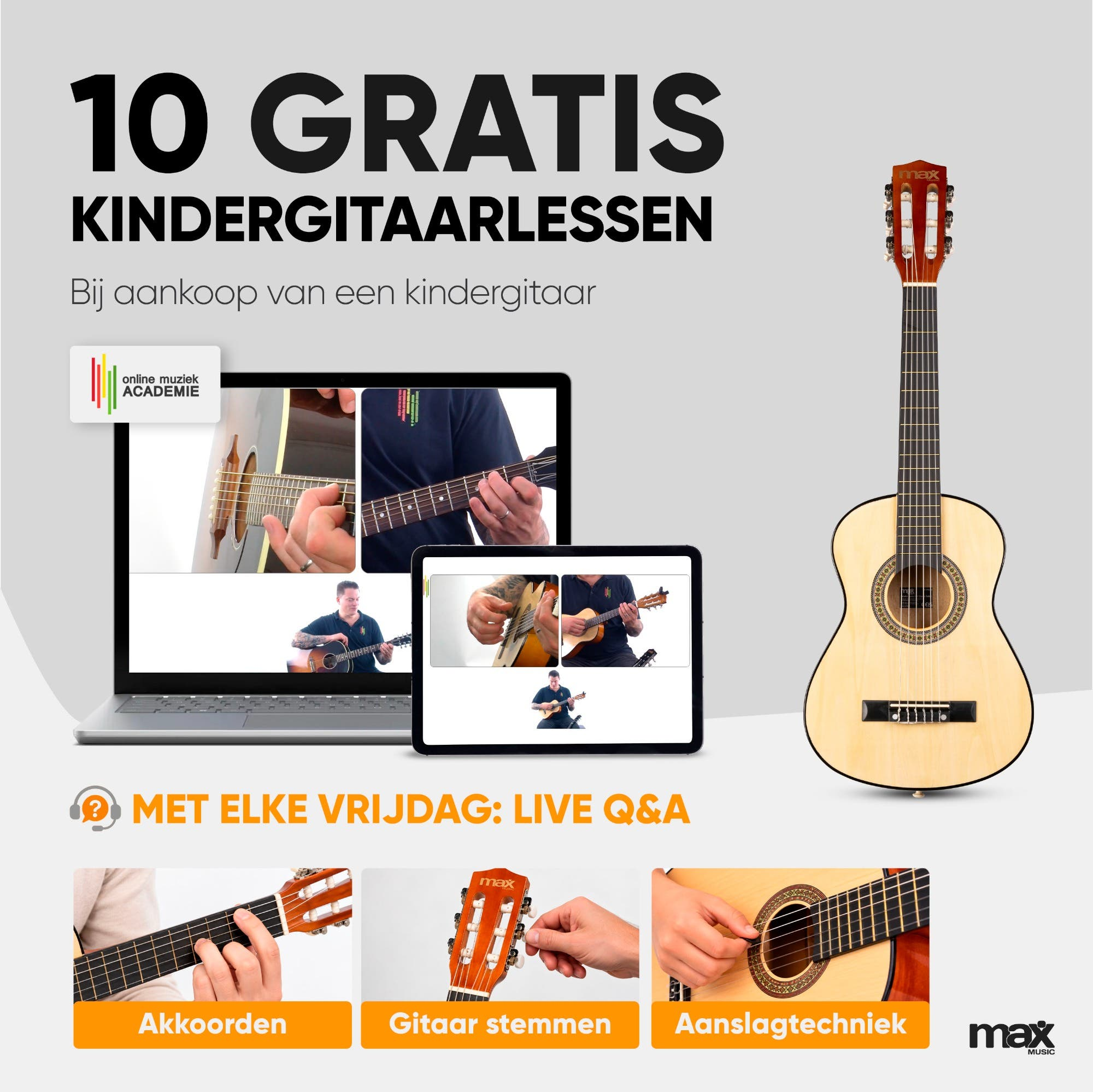 Un anuncio de clases de guitarra infantiles gratis, con una guitarra de madera clara y vídeos.