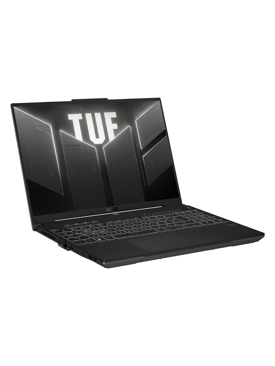 Siyah bir Asus TUF Gaming dizüstü bilgisayar açık, ekranda gri arka plan üzerinde TUF logosu gösteriyor.
