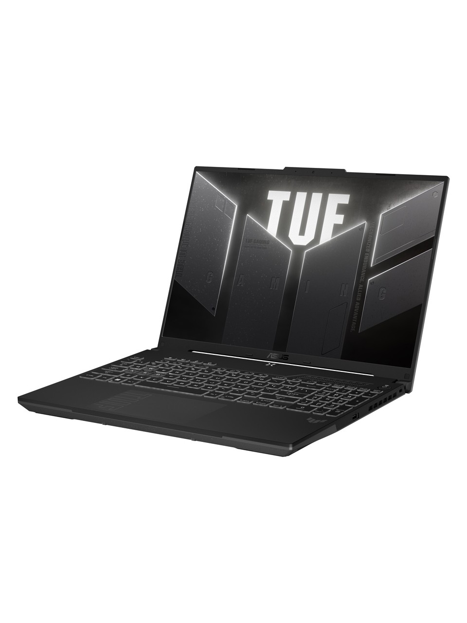 Beyaz arkaplanda siyah Asus TUF oyuncu dizüstü bilgisayarı, ekranda parlayan TUF logosu ile.