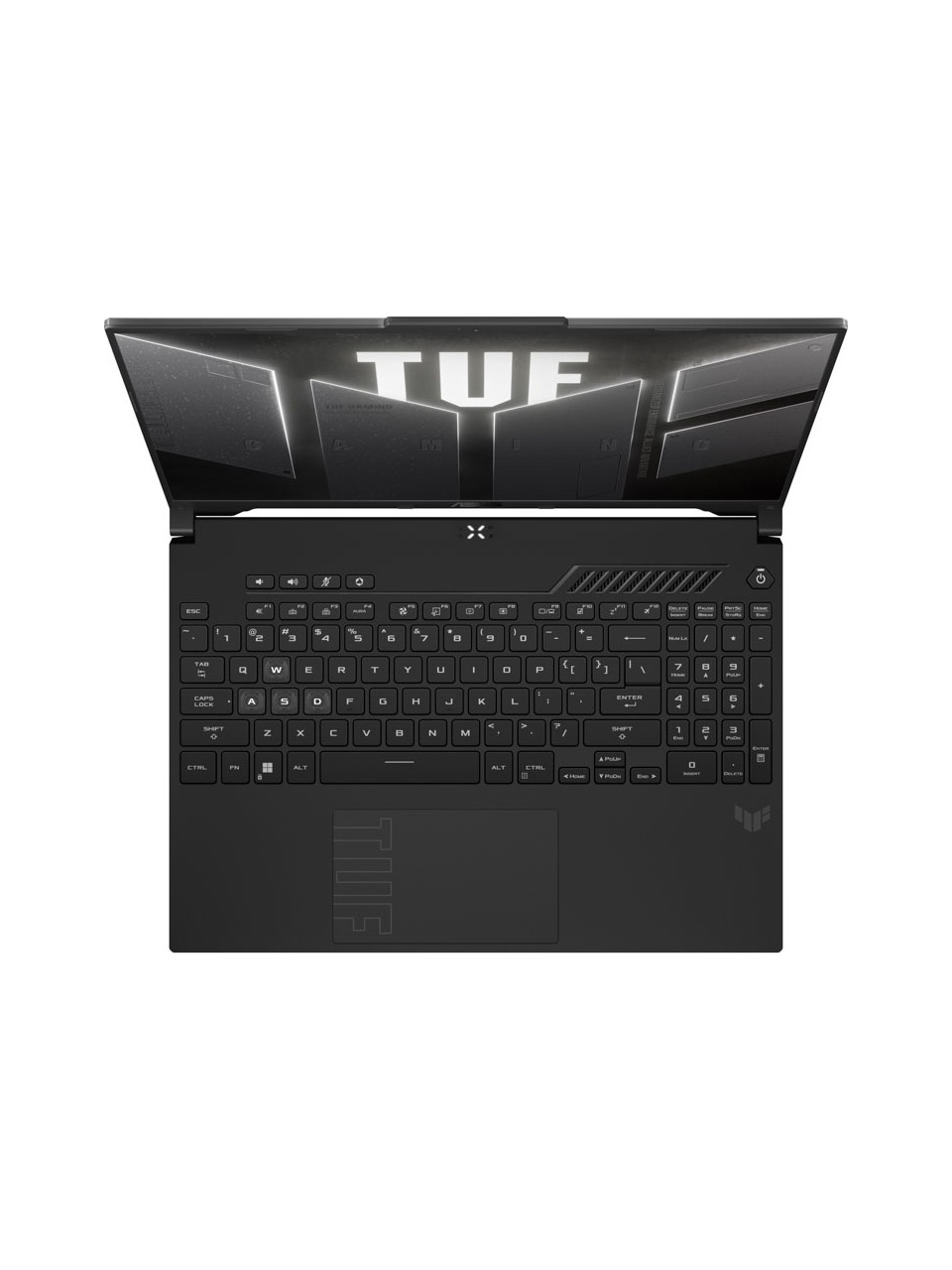Siyah bir ASUS TUF oyuncu dizüstü bilgisayarının üstten görünümü; ekranda TUF logosu var.