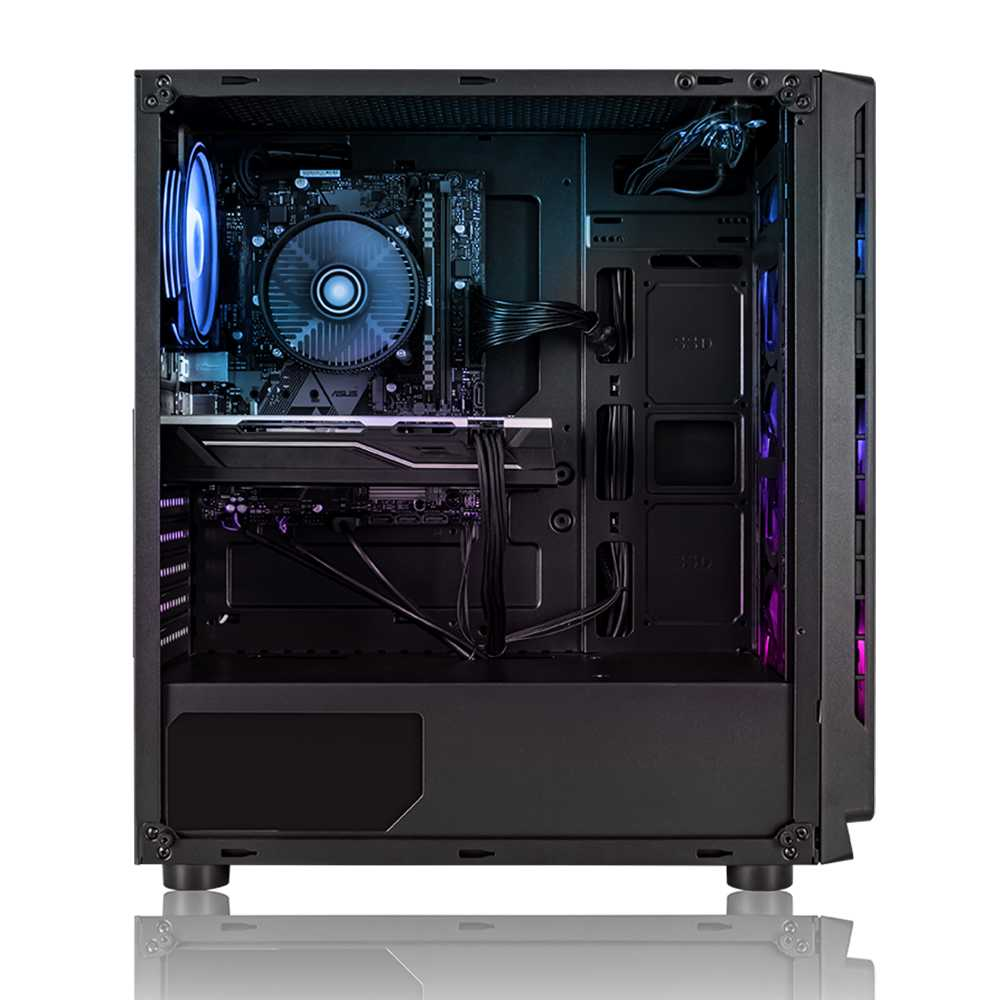 Ein offener PC-Turm mit beleuchteten Lüftern, Motherboard, Kühlkörper und Kabelmanagement im Inneren.