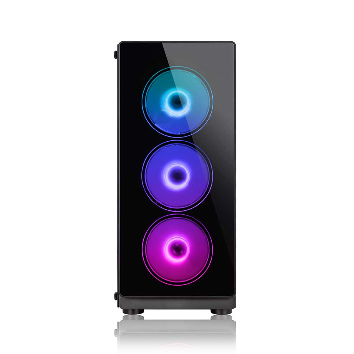 Schwarzes PC-Gehäuse von vorne mit drei beleuchteten RGB-Lüftern.