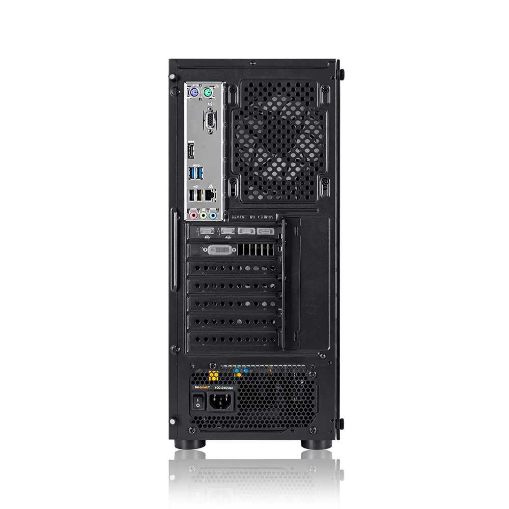 Rückansicht eines schwarzen Computergehäuses mit Anschlüssen, Lüftungsgitter und Netzteil unten.