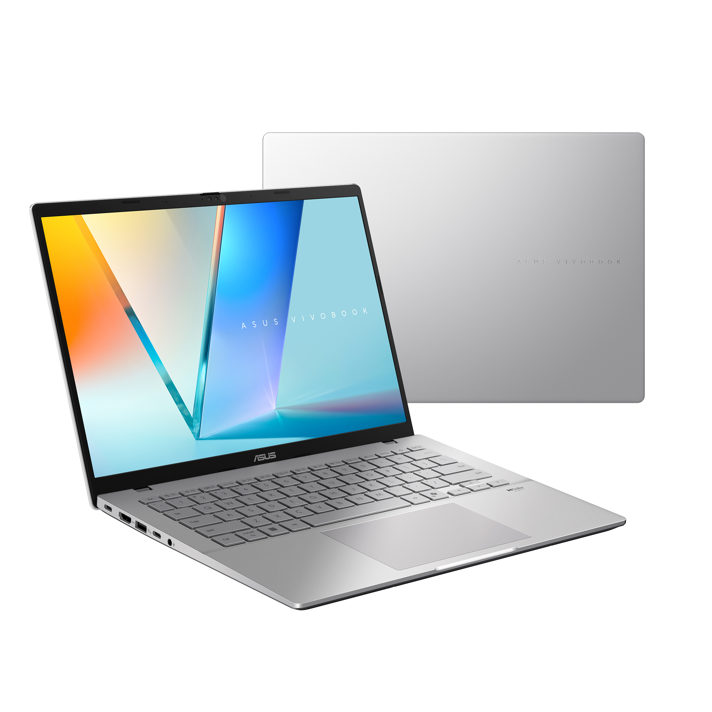 Renkli ekrana sahip açık gümüş rengi bir Asus Vivobook dizüstü bilgisayar ve kapalı kapak görünümü.