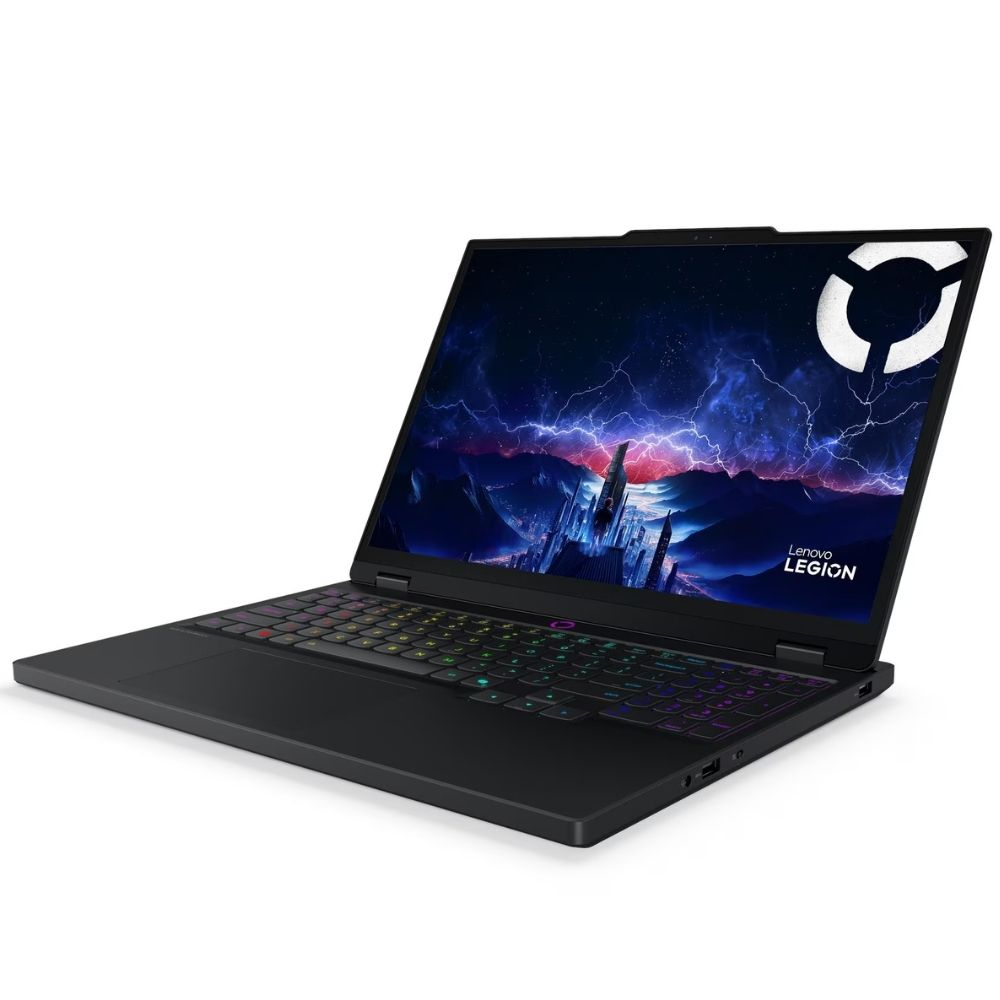 RGB klavyeli ve mavi ekranlı siyah bir Lenovo Legion oyuncu dizüstü bilgisayarı.