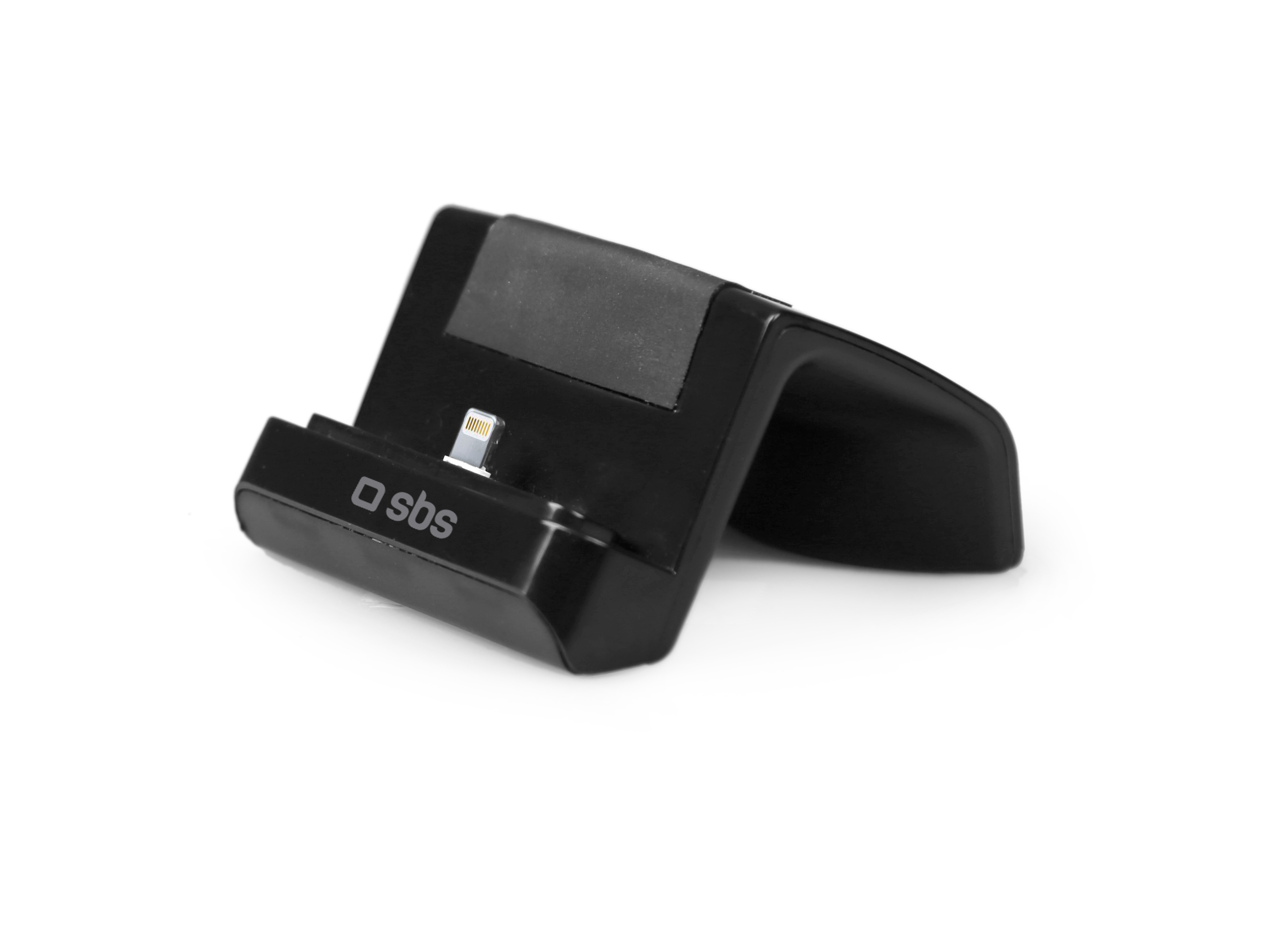 Base de carga negra para smartphone SBS con conector Lightning integrado sobre fondo blanco.