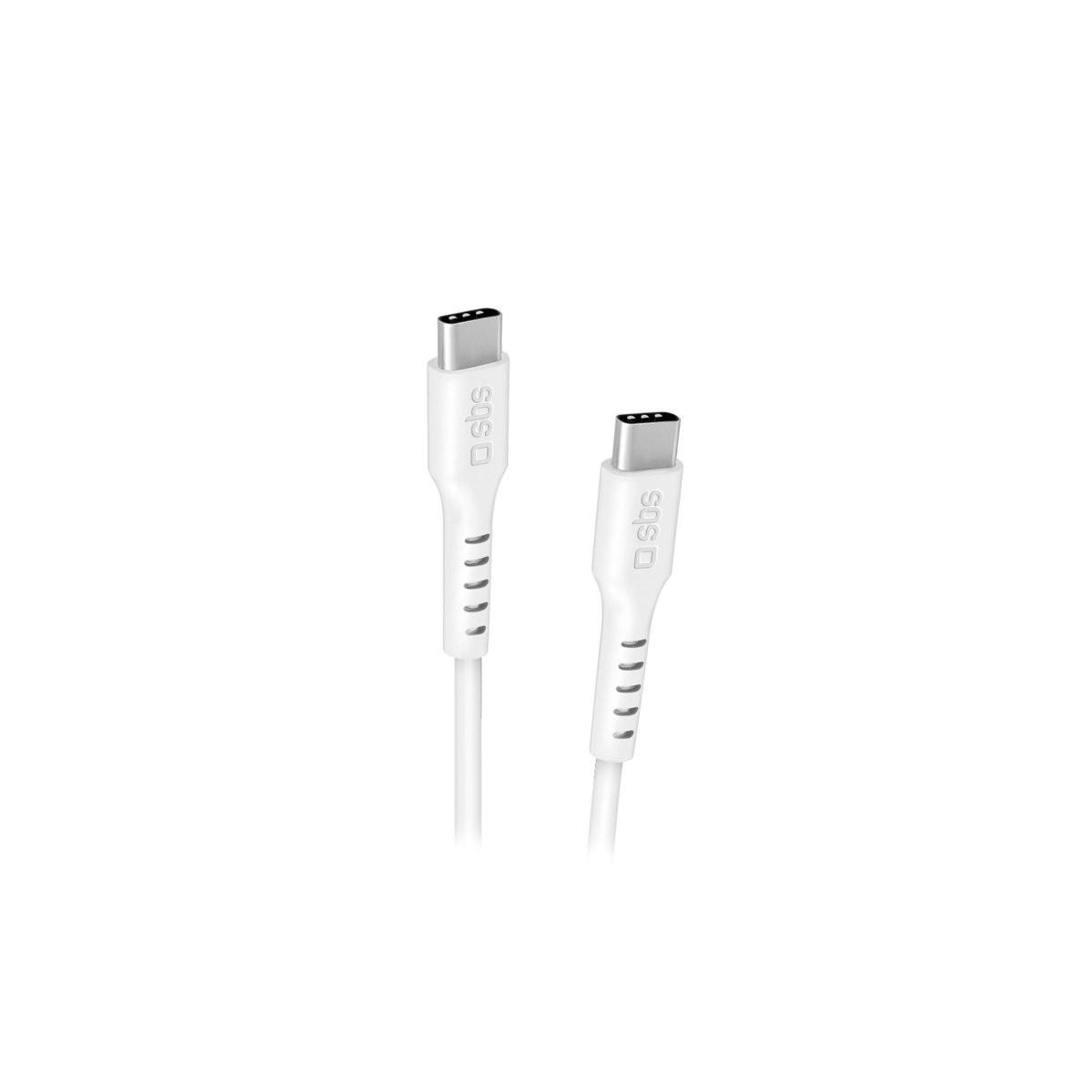 Dos extremos de cable USB-C blancos con conectores plateados sobre fondo blanco.
