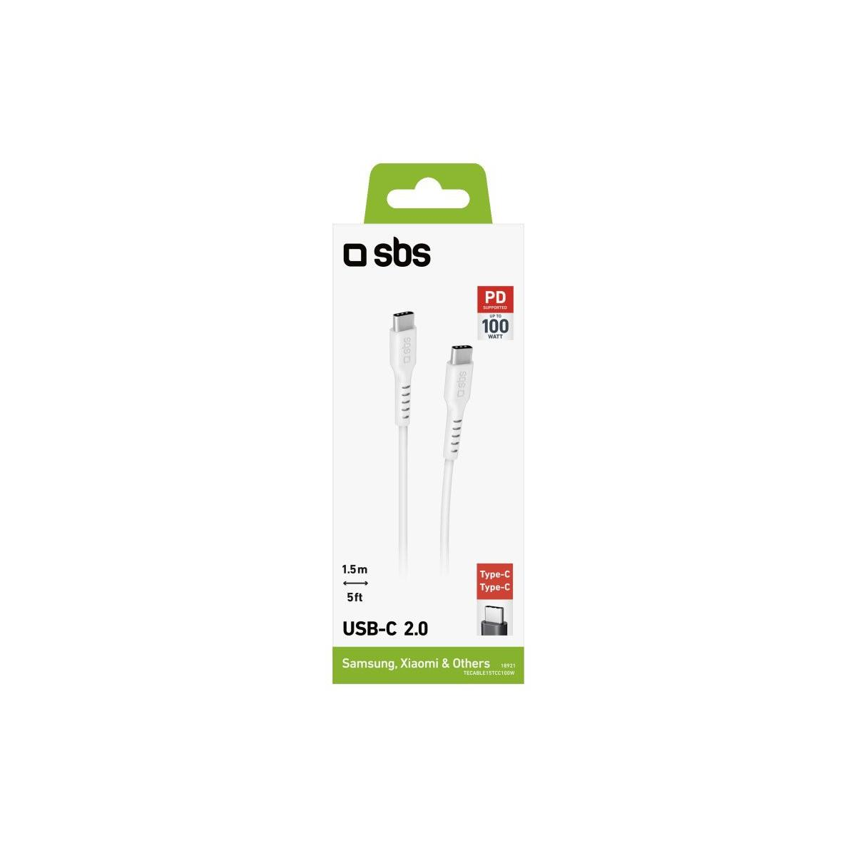 Cable de carga SBS USB-C a USB-C en empaque blanco, de 1,5 m de largo y soporte de hasta 100W PD.