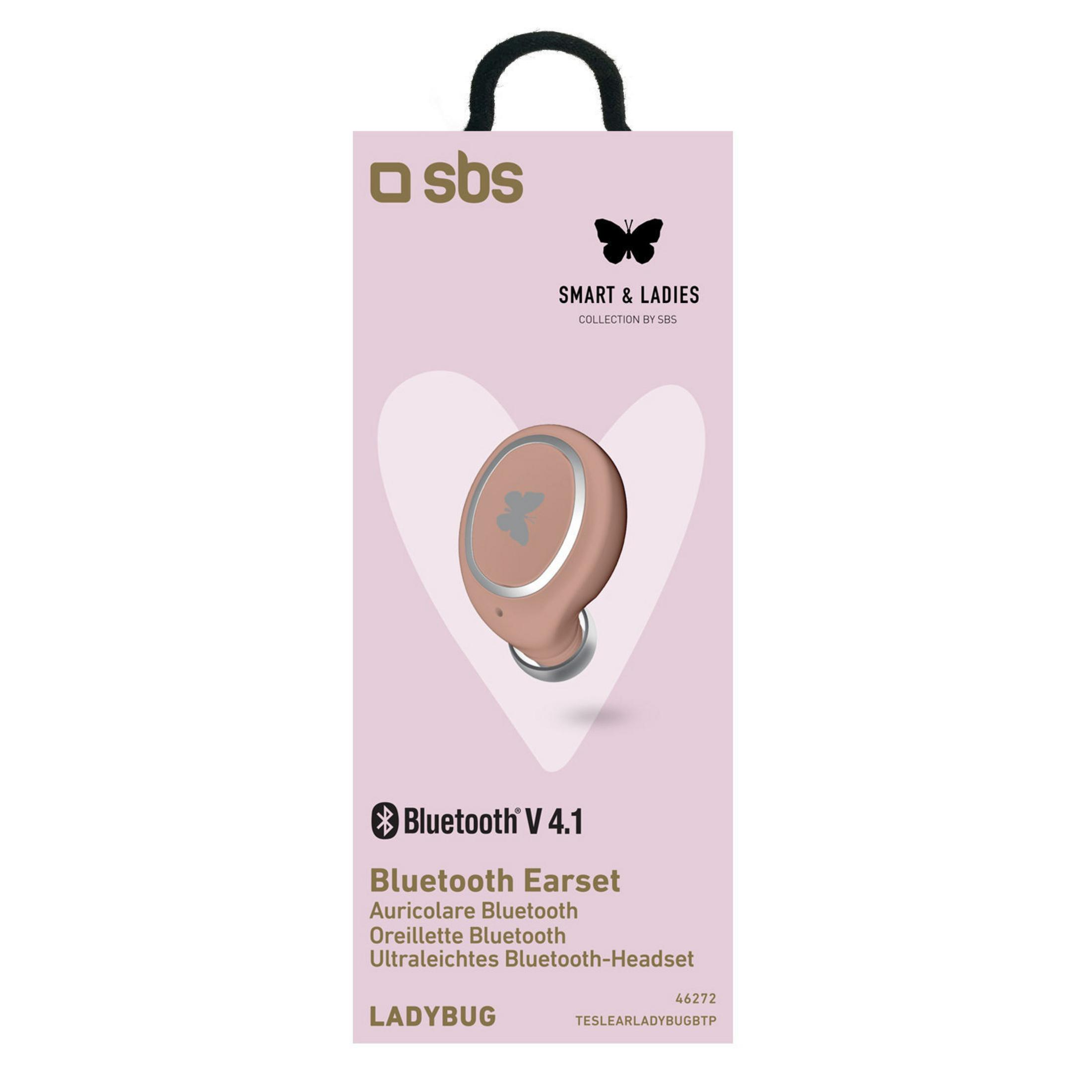 Confezione rosa per auricolare Bluetooth Ladybug rosa con logo a farfalla.
