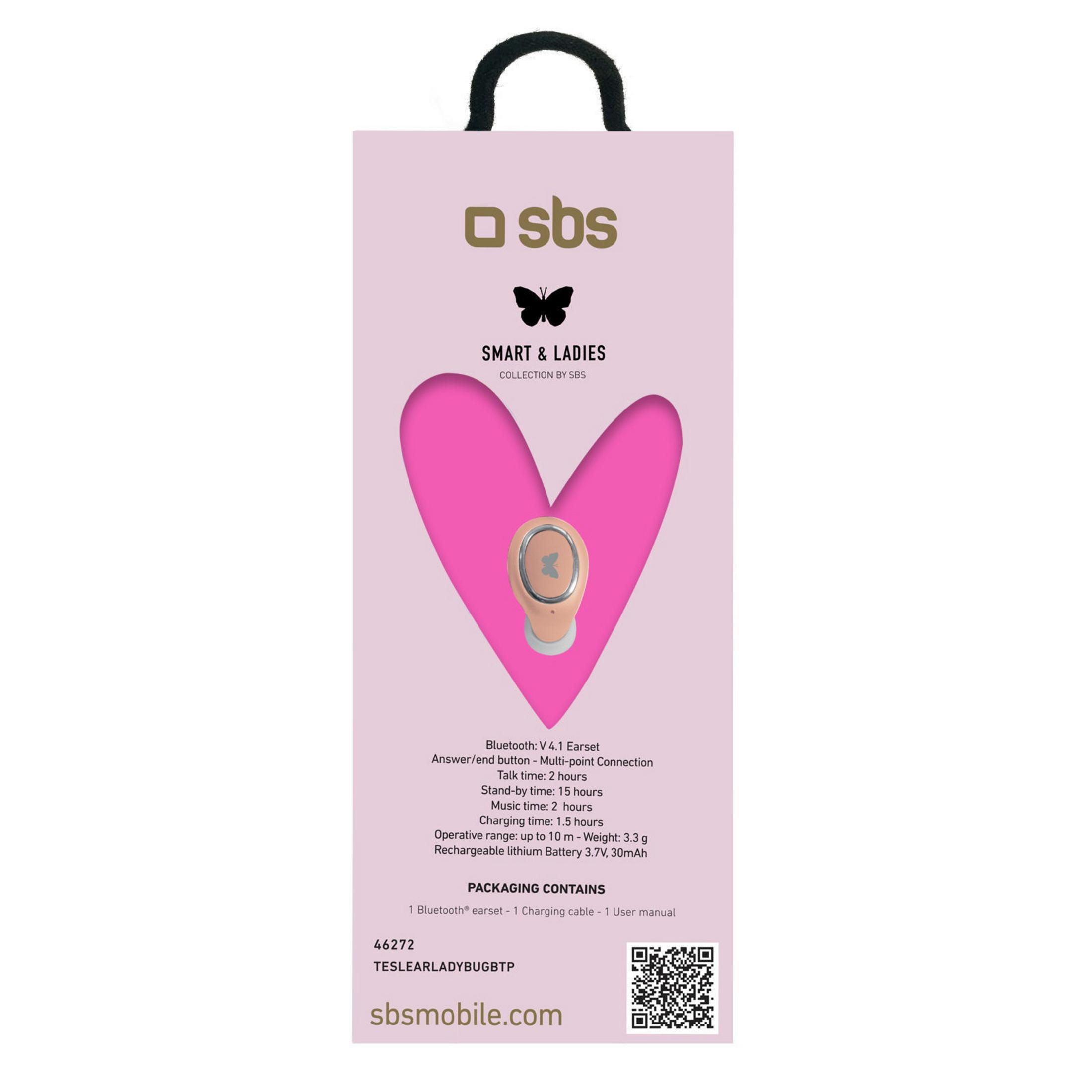 Confezione rosa con un cuore fucsia e un piccolo auricolare Bluetooth al centro.