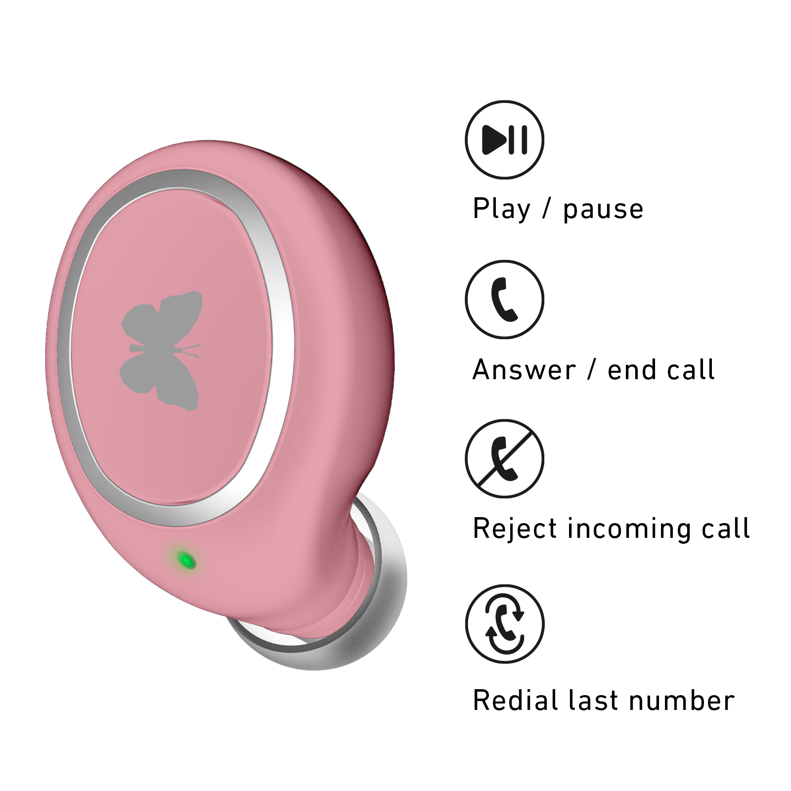 Auricolare wireless rosa con logo a farfalla e icone di controllo per chiamate e media.