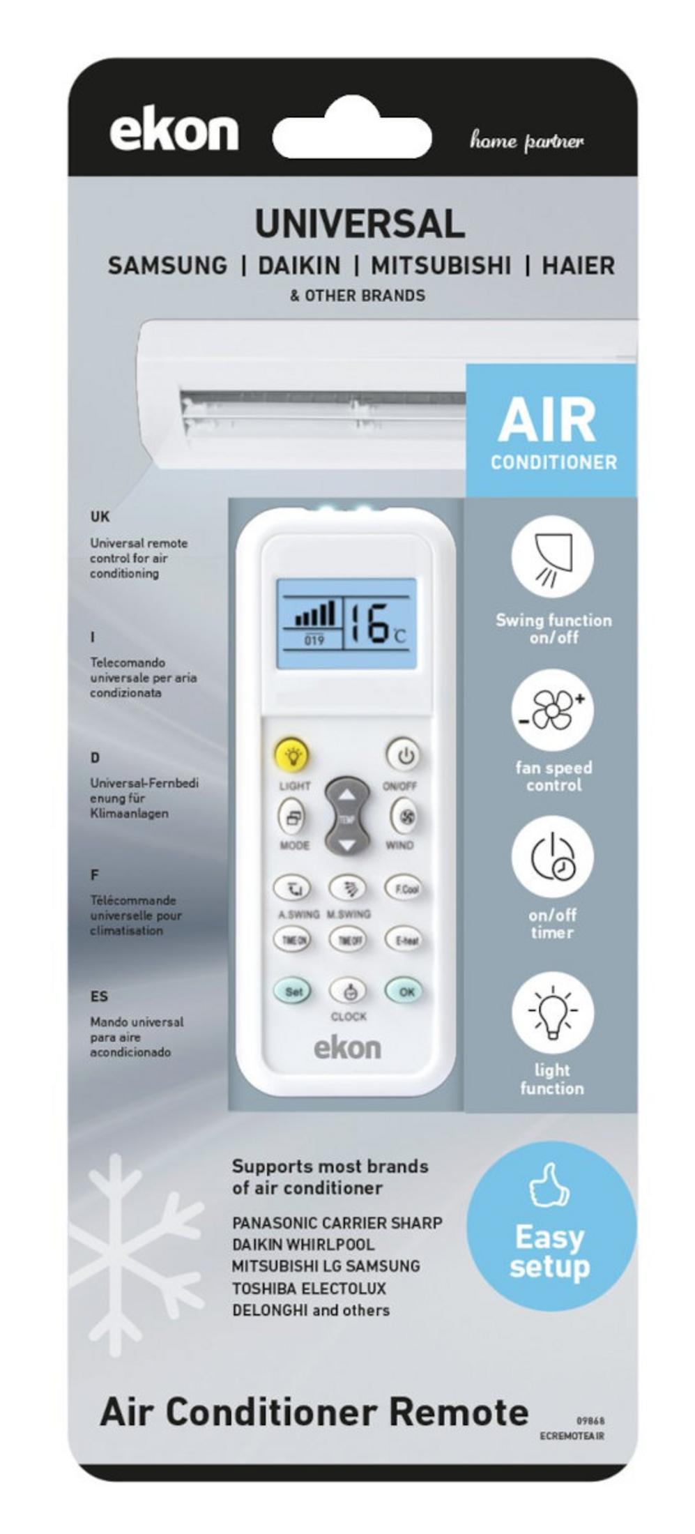 Confezione di un telecomando universale Ekon per condizionatore con funzioni.