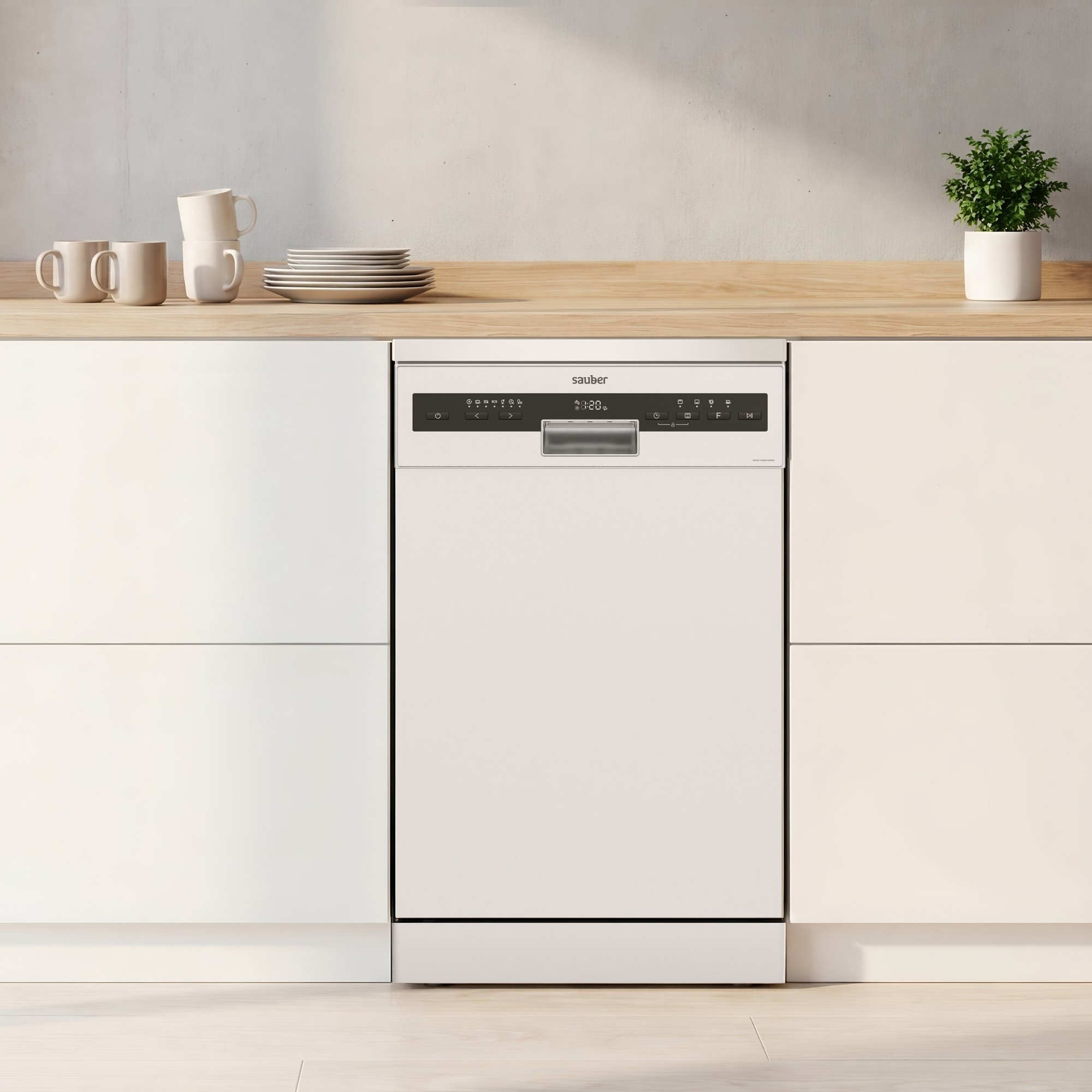 Un lavavajillas blanco Sauber en una cocina moderna con encimera de madera, tazas y una planta en maceta.
