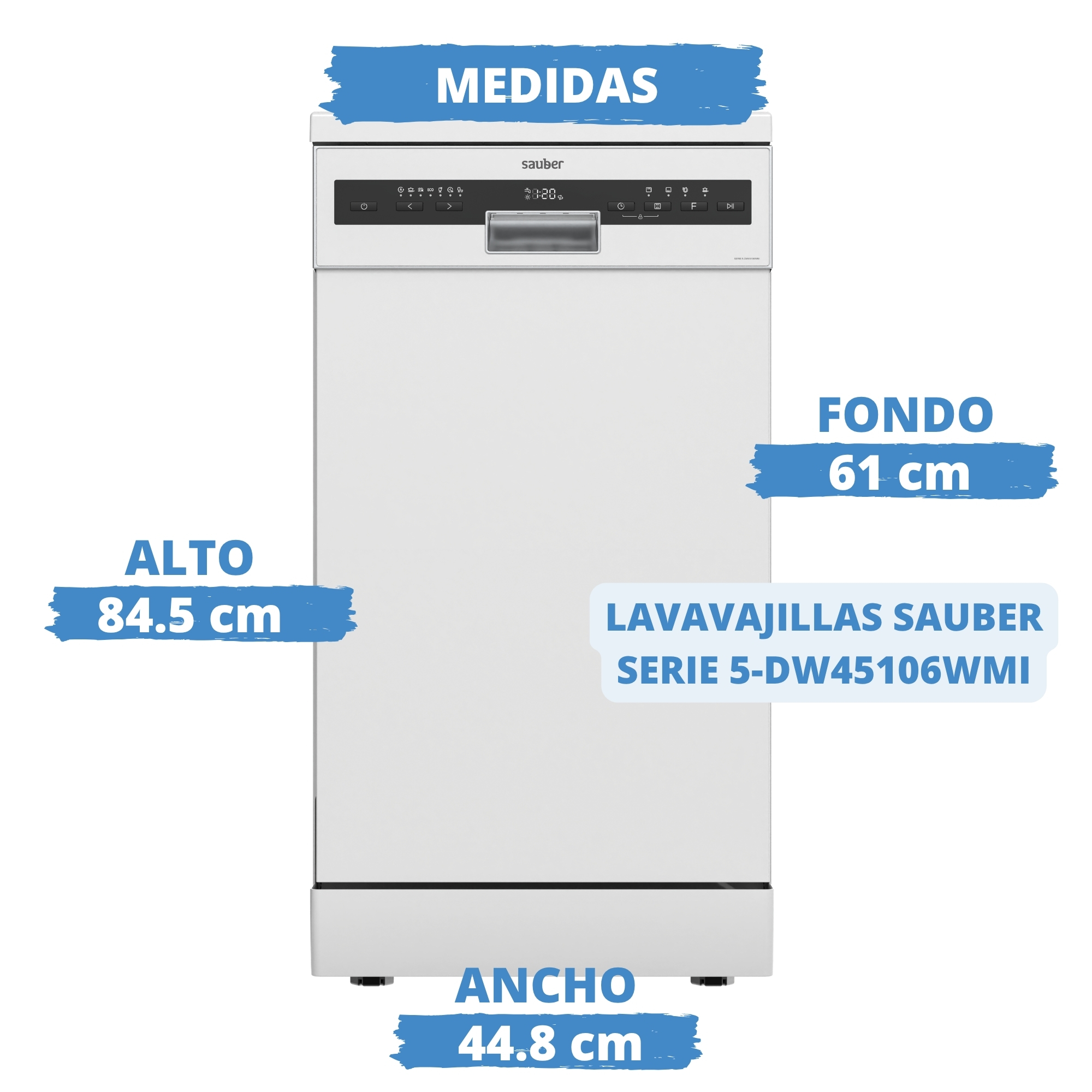 Lavavajillas blanco Sauber Serie 5 DW45106WMI con medidas.