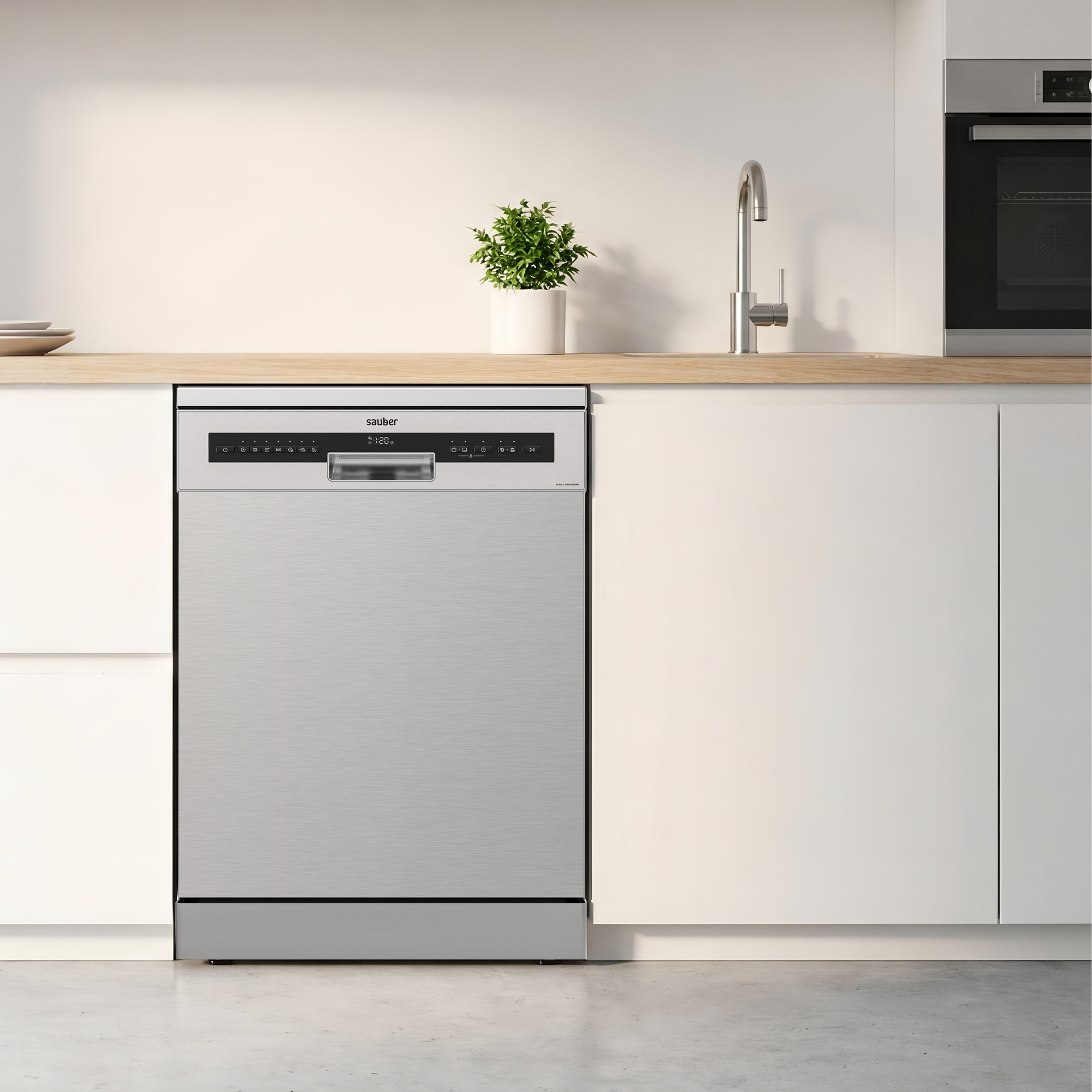 Cocina moderna con lavavajillas de acero inoxidable, encimera de madera, fregadero y horno integrado.