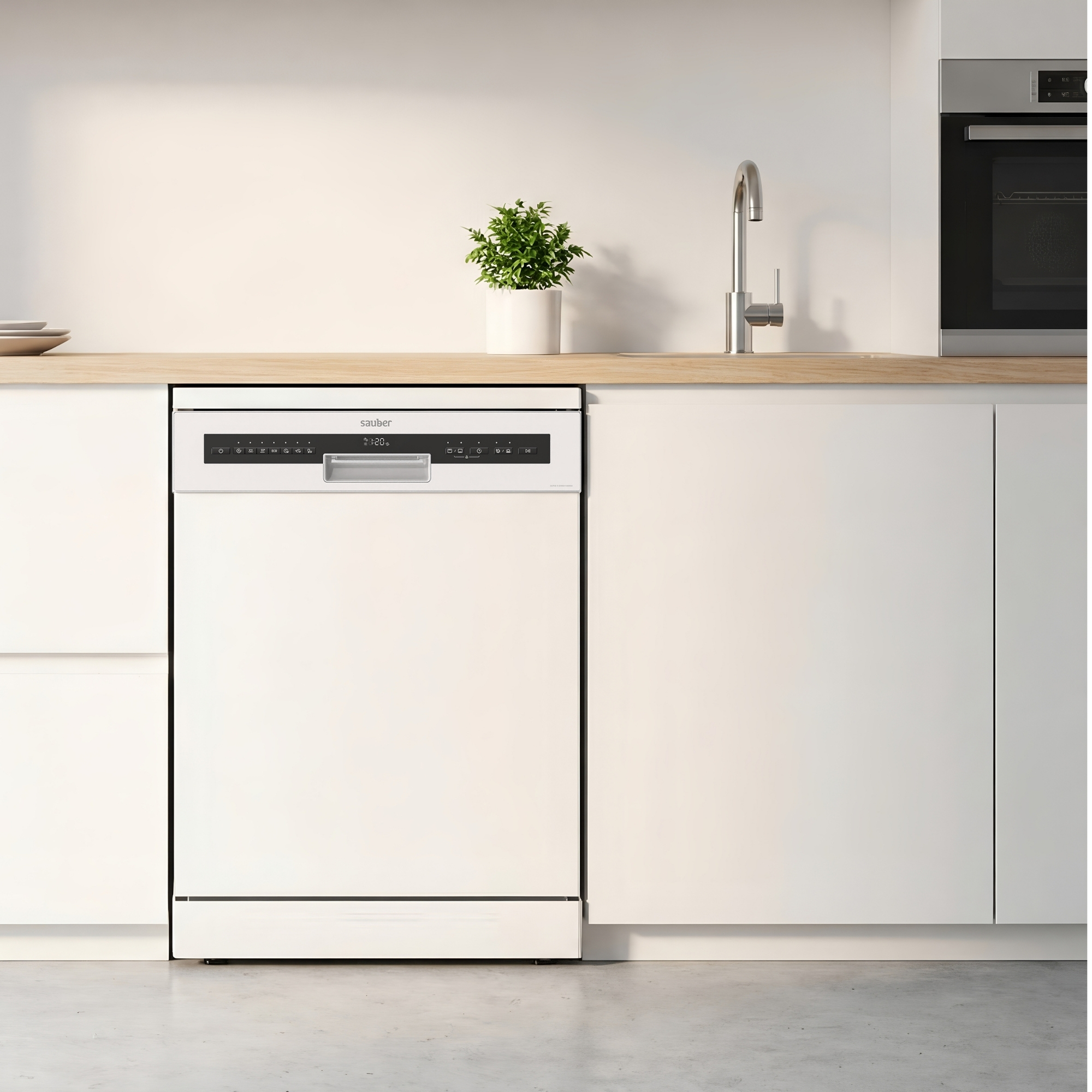 Un lavavajillas blanco instalado en una cocina moderna con encimeras de madera y una planta.