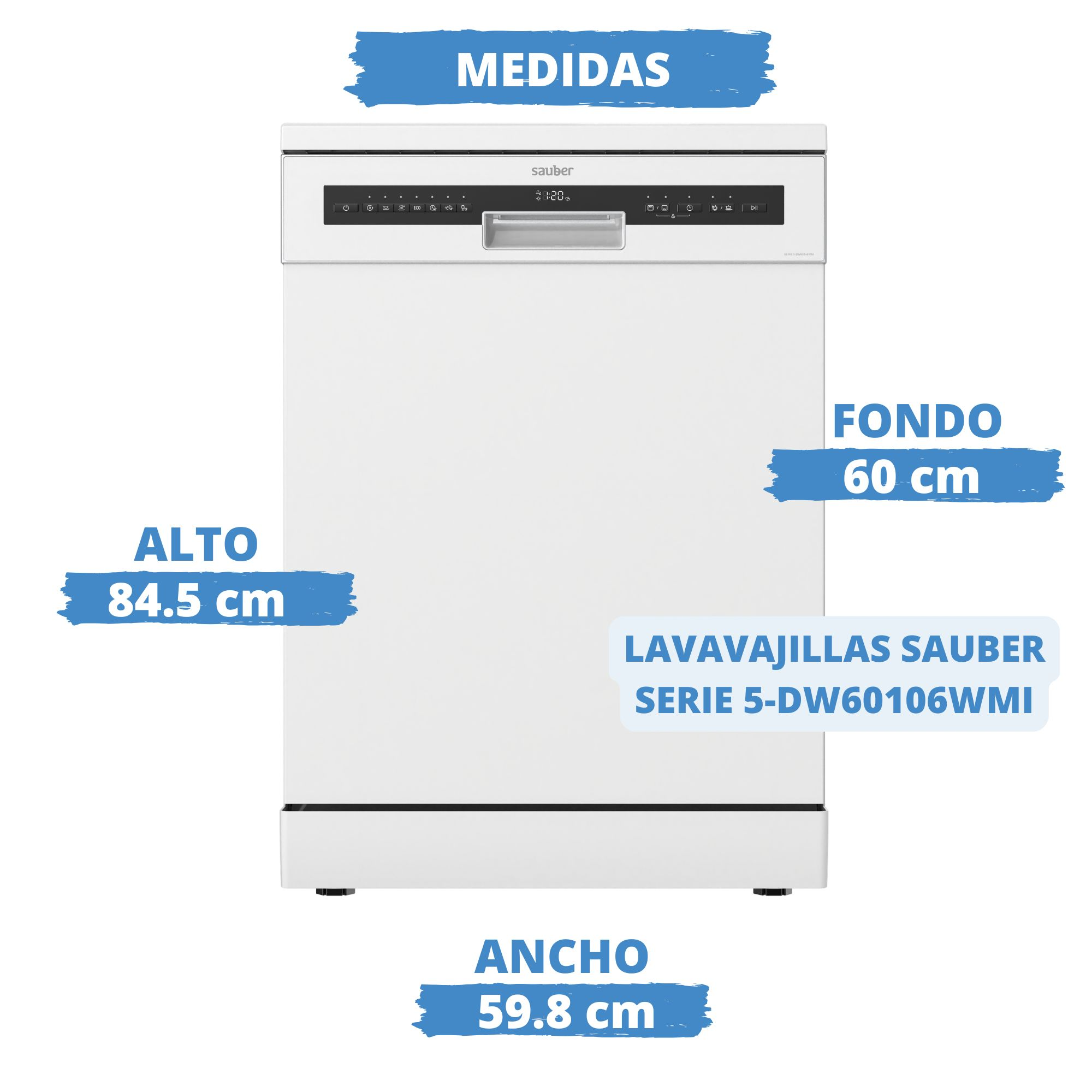 Lavavajillas blanco Sauber Serie 5 con medidas: alto 84,5 cm, ancho 59,8 cm, fondo 60 cm.