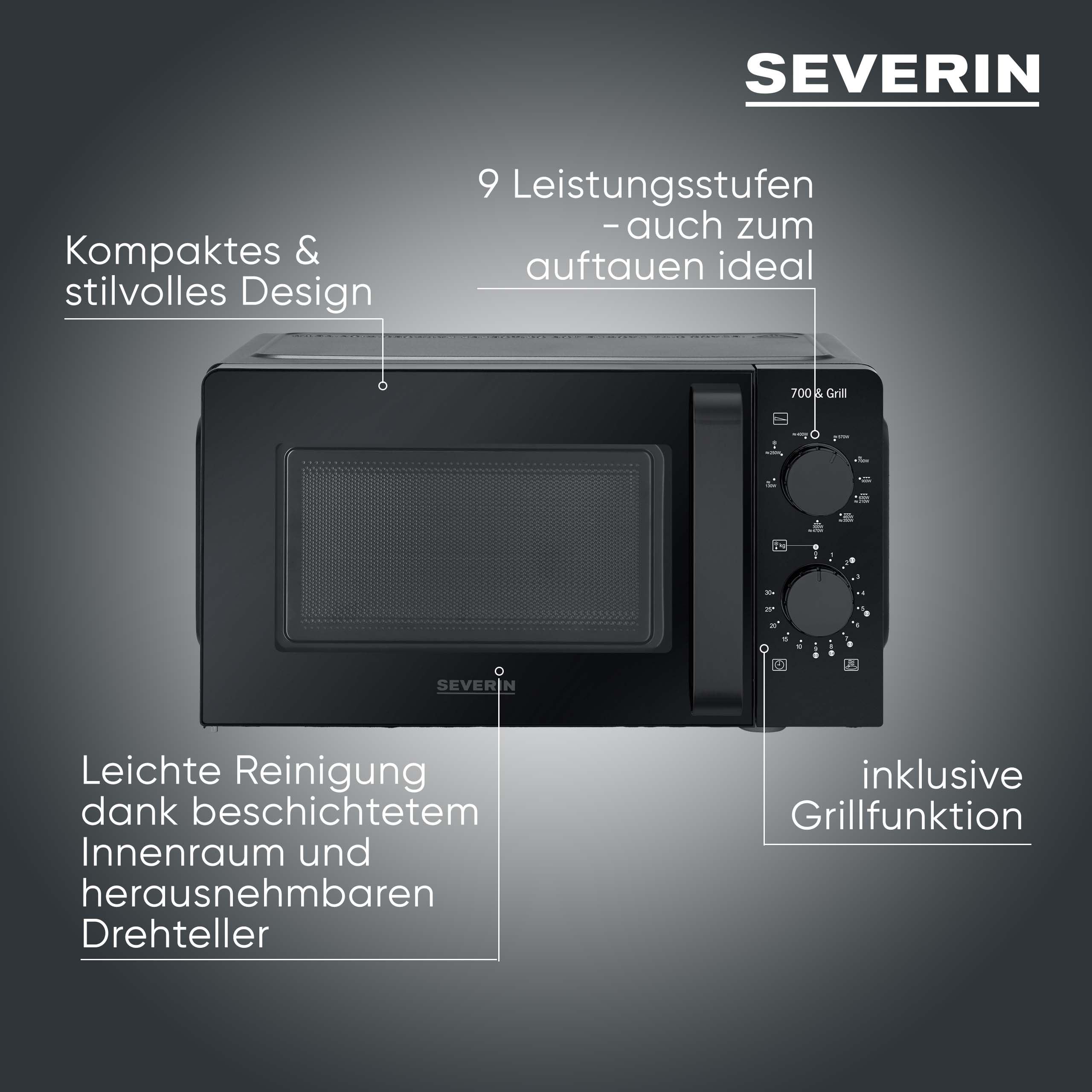 Schwarze Severin Mikrowelle mit Grillfunktion, Drehknöpfen und deutschsprachigen Texten zu Produktvorteilen.