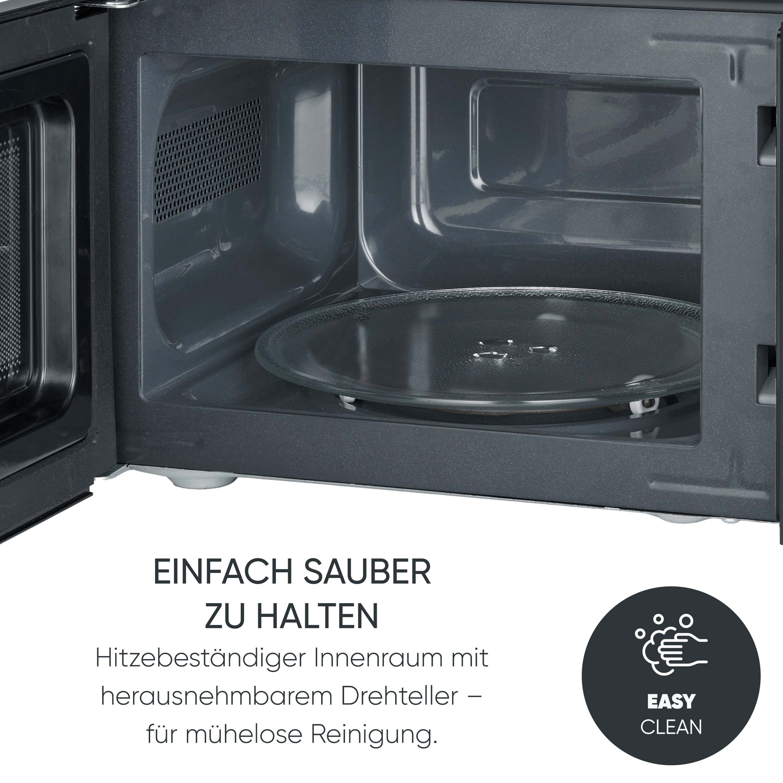 Geöffnete Mikrowelle mit Glasdrehteller und Text zur einfachen Reinigung.