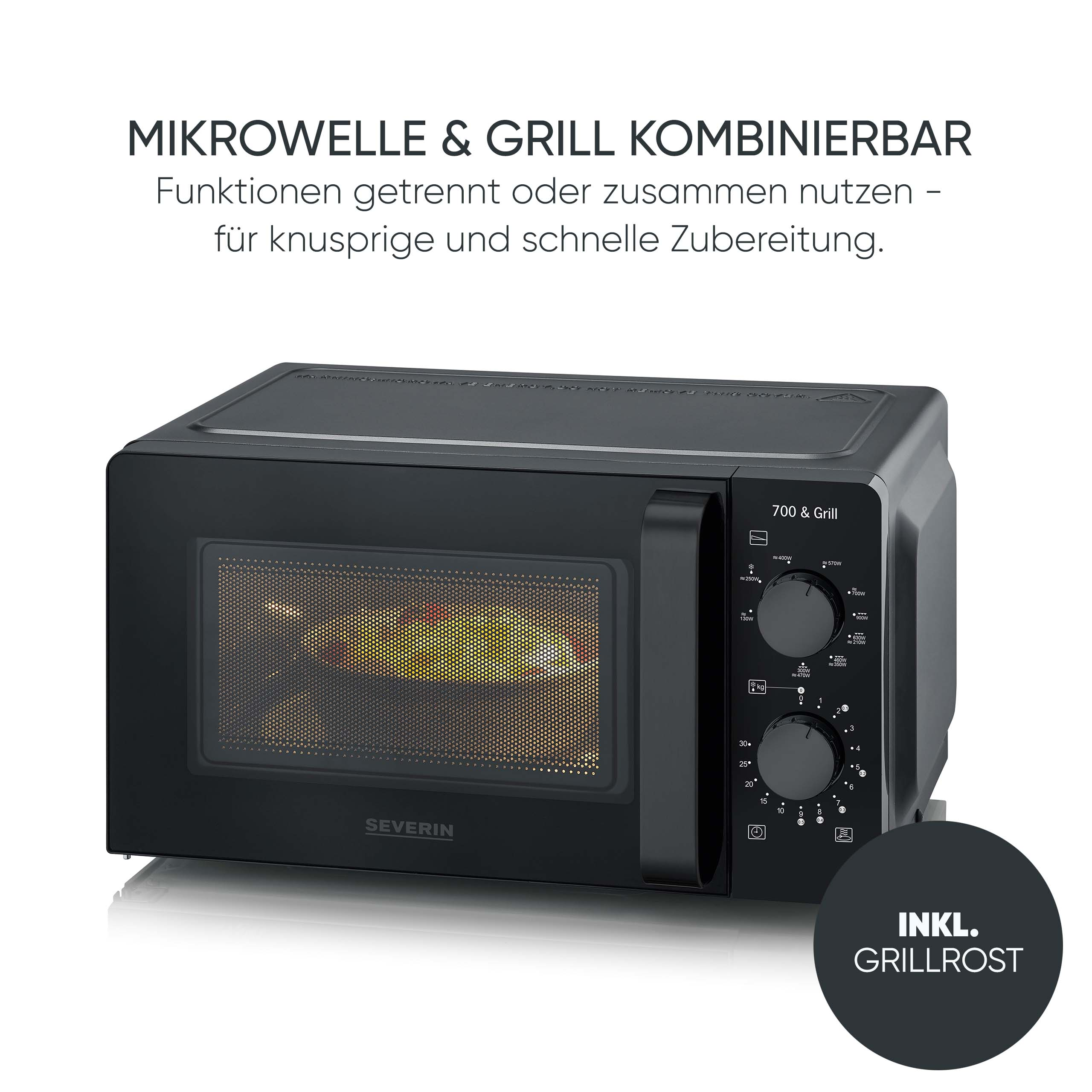 Schwarze Severin Mikrowelle mit Grillfunktion und zwei Drehreglern auf der rechten Seite.