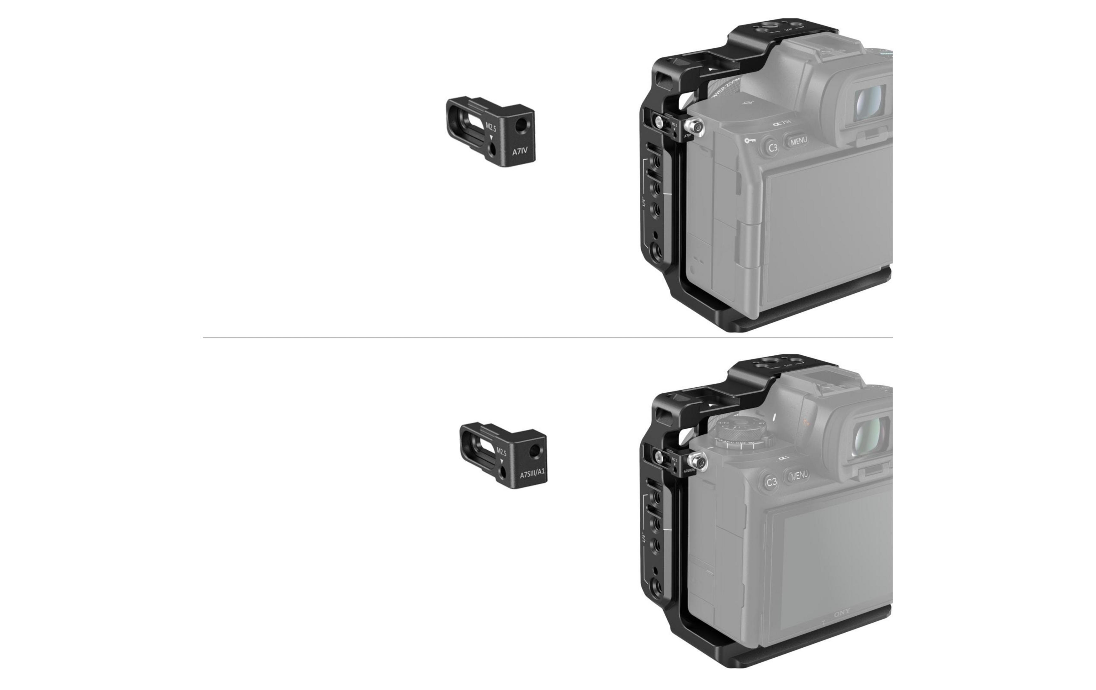 Due piastre laterali per gabbia per fotocamera in metallo nero con adattatori, mostrate separate e attaccate.