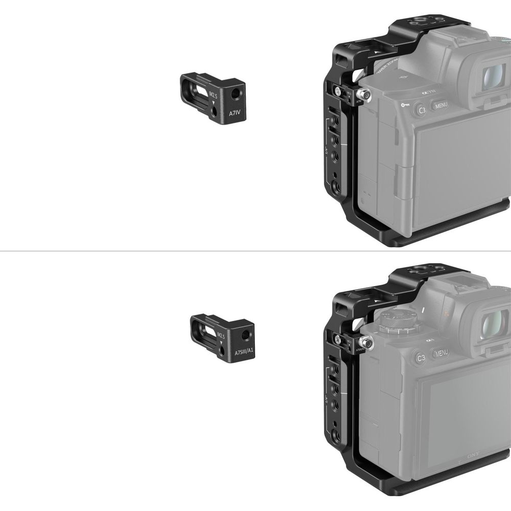 Due supporti neri per accessori accanto alle gabbie per fotocamera per i modelli A7IV e A7SIII/A1.