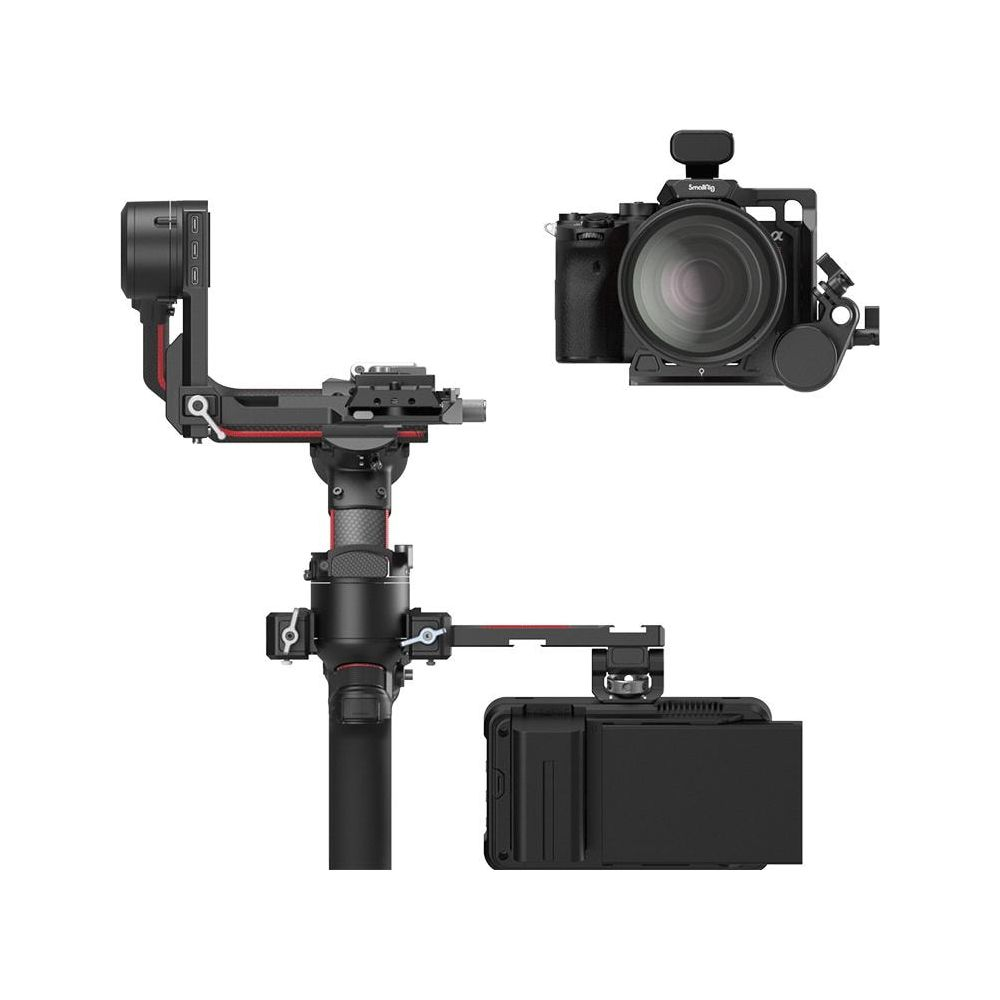 Stabilizzatore per fotocamera nero con fotocamera e monitor montati su sfondo bianco.