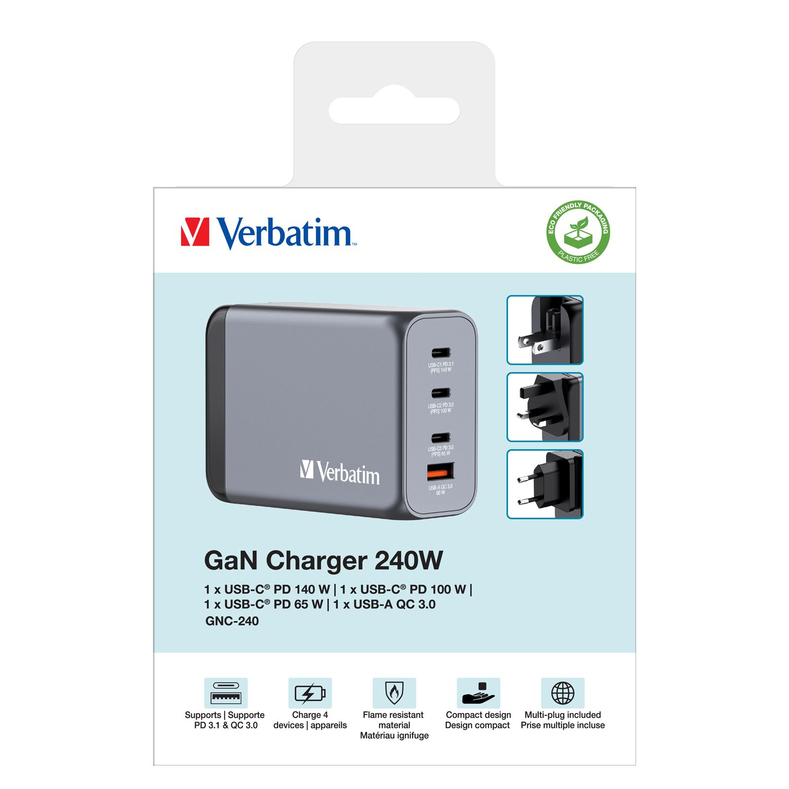 Cargador GaN Verbatim de 240W en su embalaje con cuatro puertos USB y enchufes intercambiables.