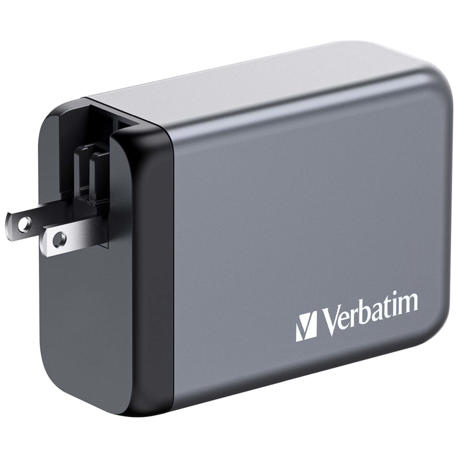 Cargador de pared USB Verbatim gris con enchufe plegable sobre fondo blanco.
