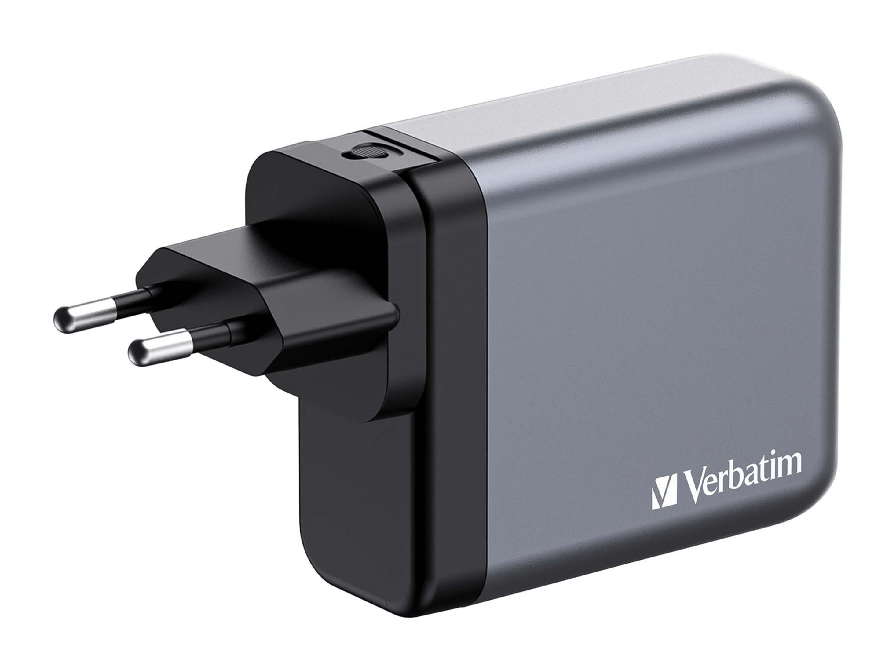 Beyaz arka planda siyah fişli ve pinli gri bir Verbatim USB-C duvar şarj cihazı.