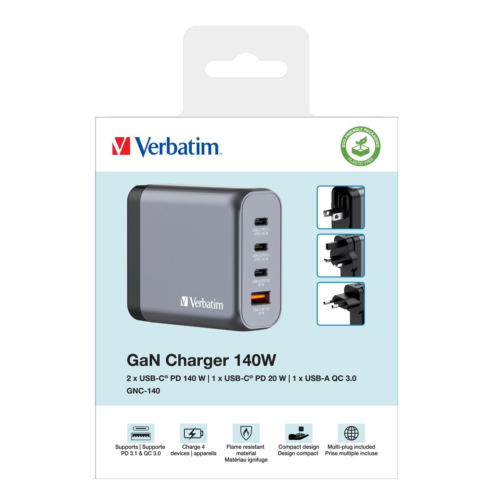 Dört USB bağlantı noktası ve deği ştirilebilir fişlere sahip Verbatim GaN 140W şarj cihazı.