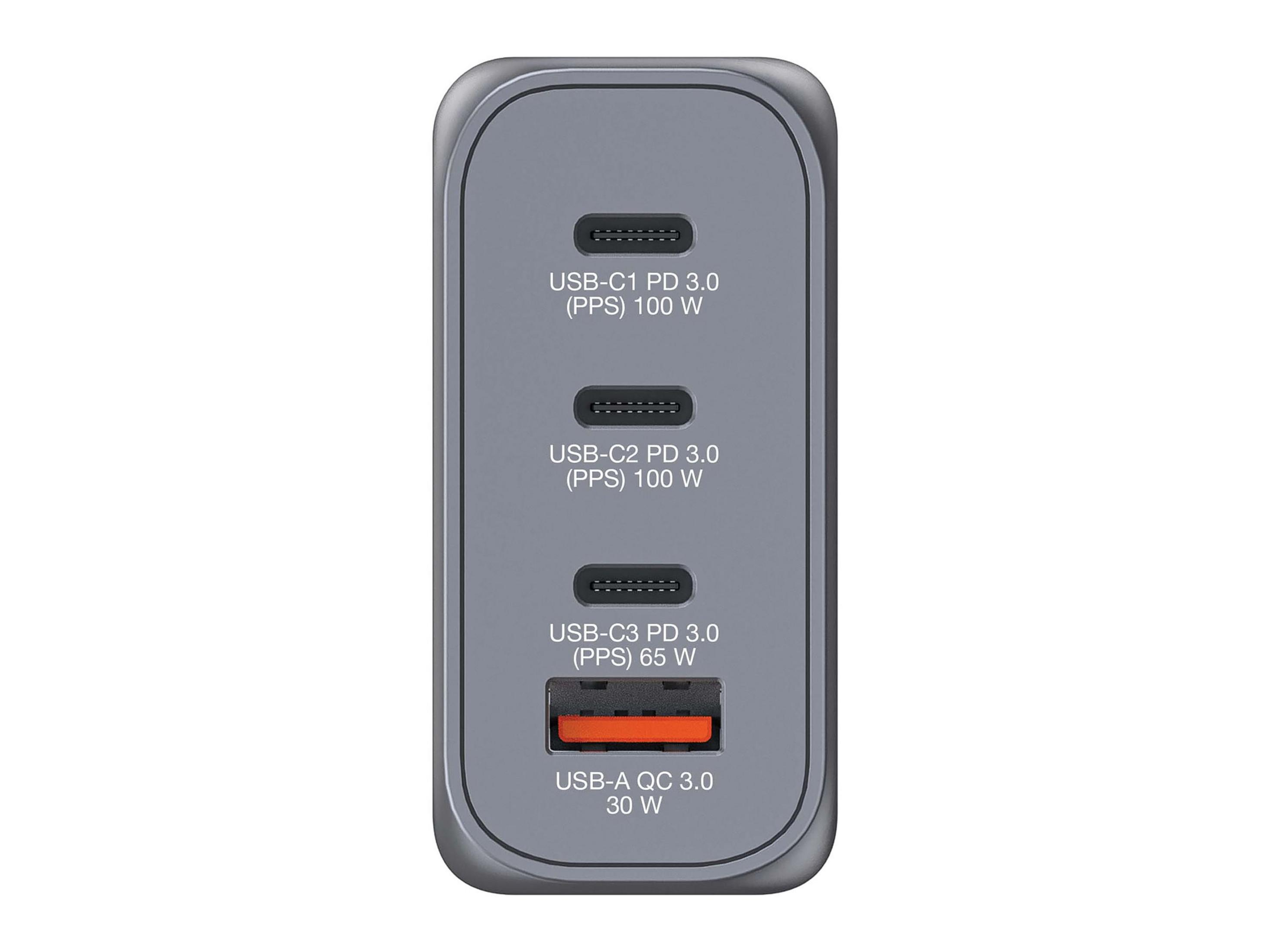 Üç USB-C ve bir USB-A bağlantı noktasına sahip gri çok portlu USB duvar şarj cihazı.