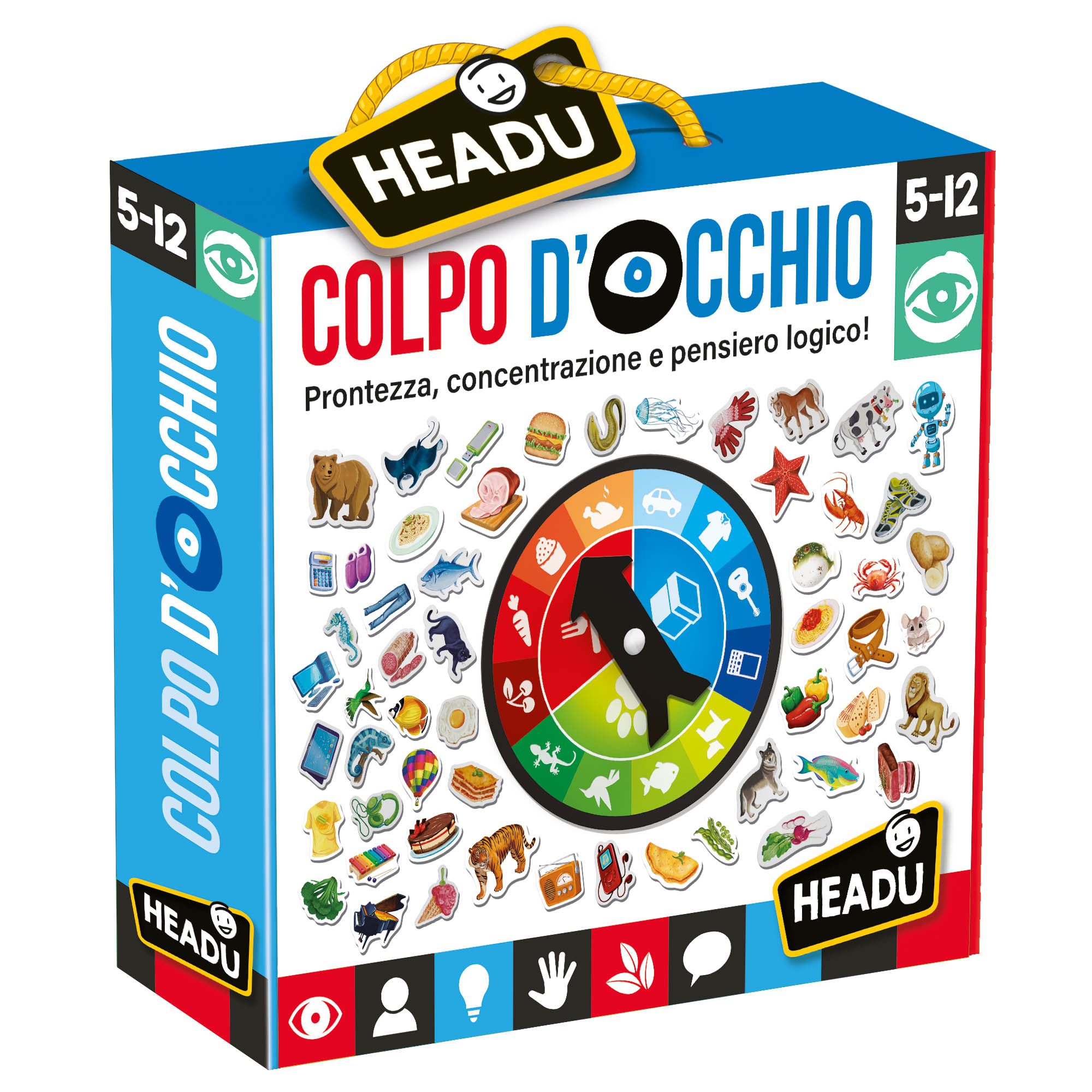 Bunte Brettspiel-Schachtel 'Colpo d'occhio' von Headu mit Glücksrad und kleinen Symbolen für Kinder.