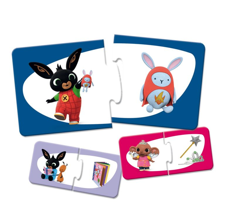 Vier bunte Puzzleteile mit Bing-Zeichentrickfiguren auf weißem Hintergrund.
