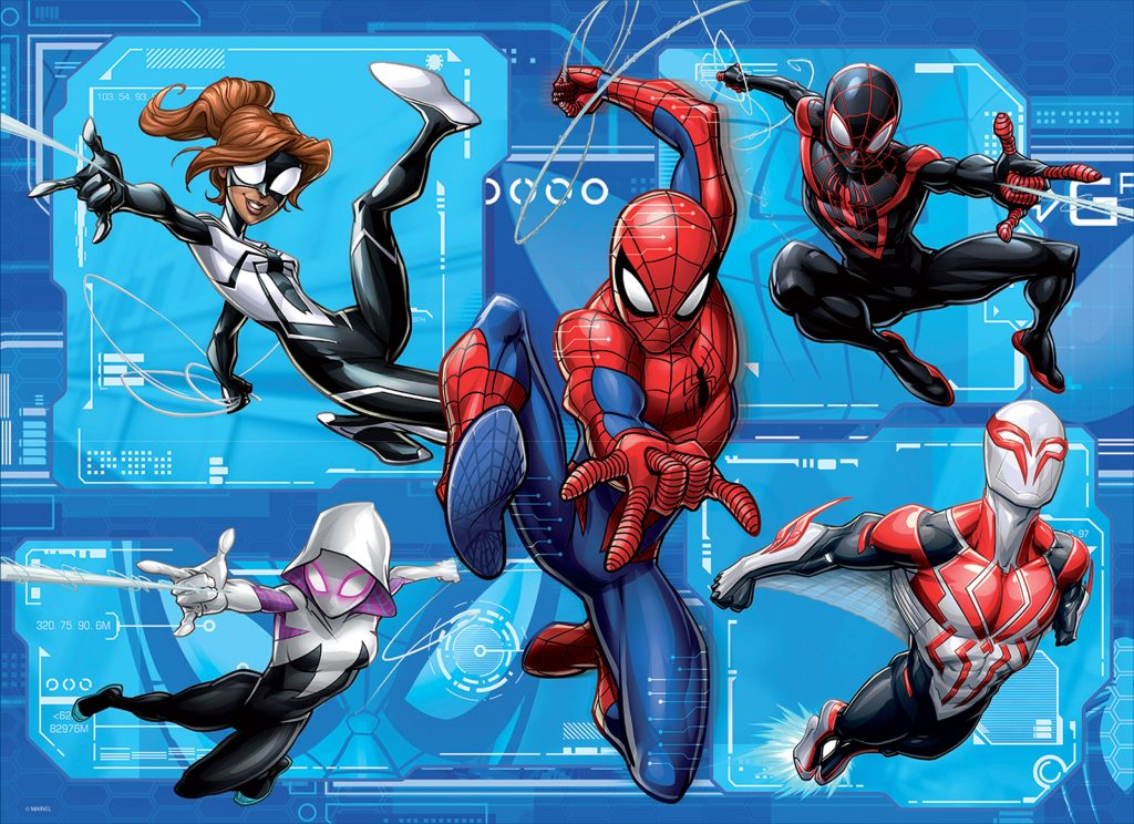 Verschiedene Spider-Man Charaktere in Aktion vor einem blauen Hightech-Hintergrund.