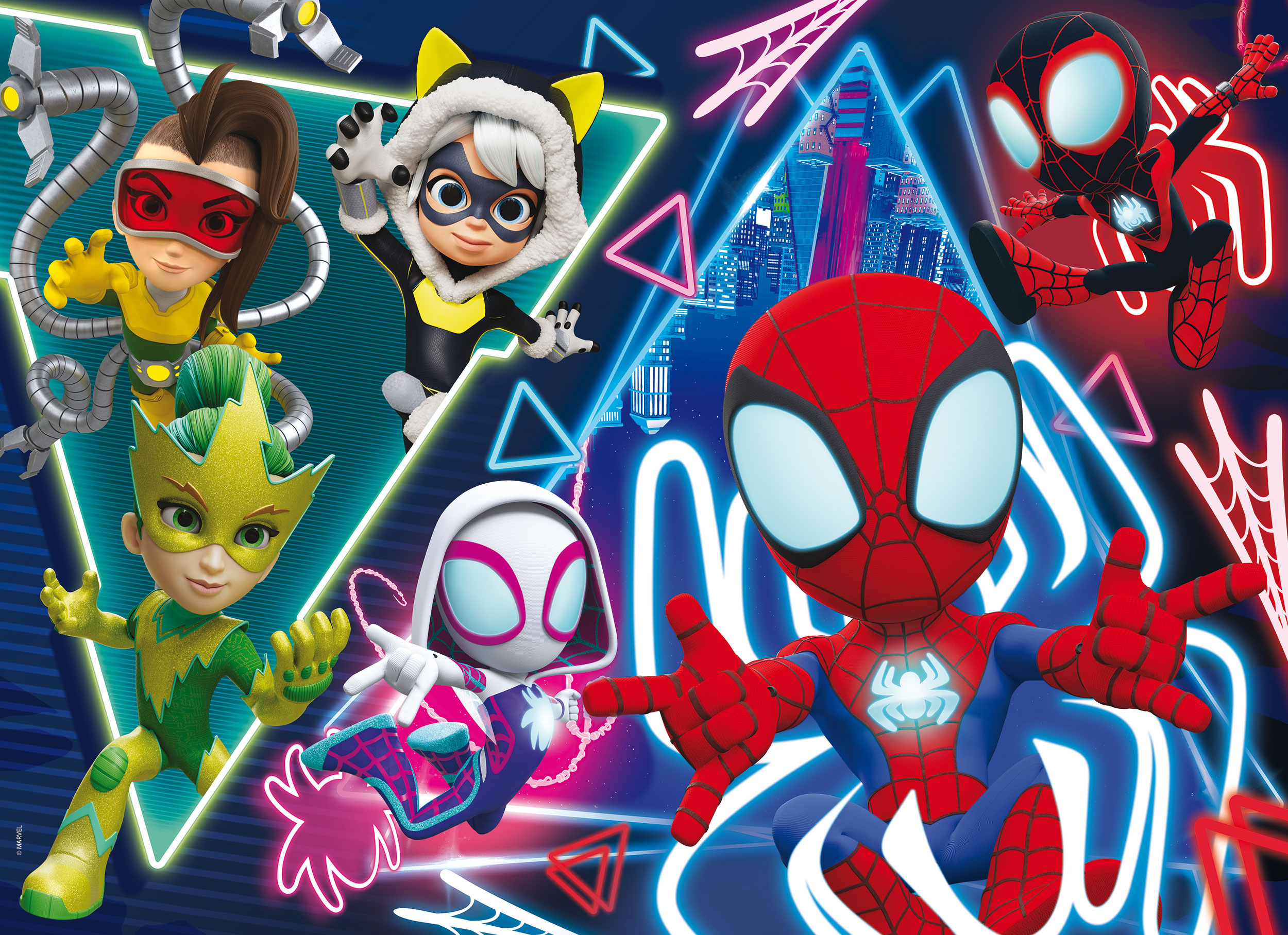 Personajes animados de Spider-Man y villanos posan dinámicamente frente a una ciudad de neón.