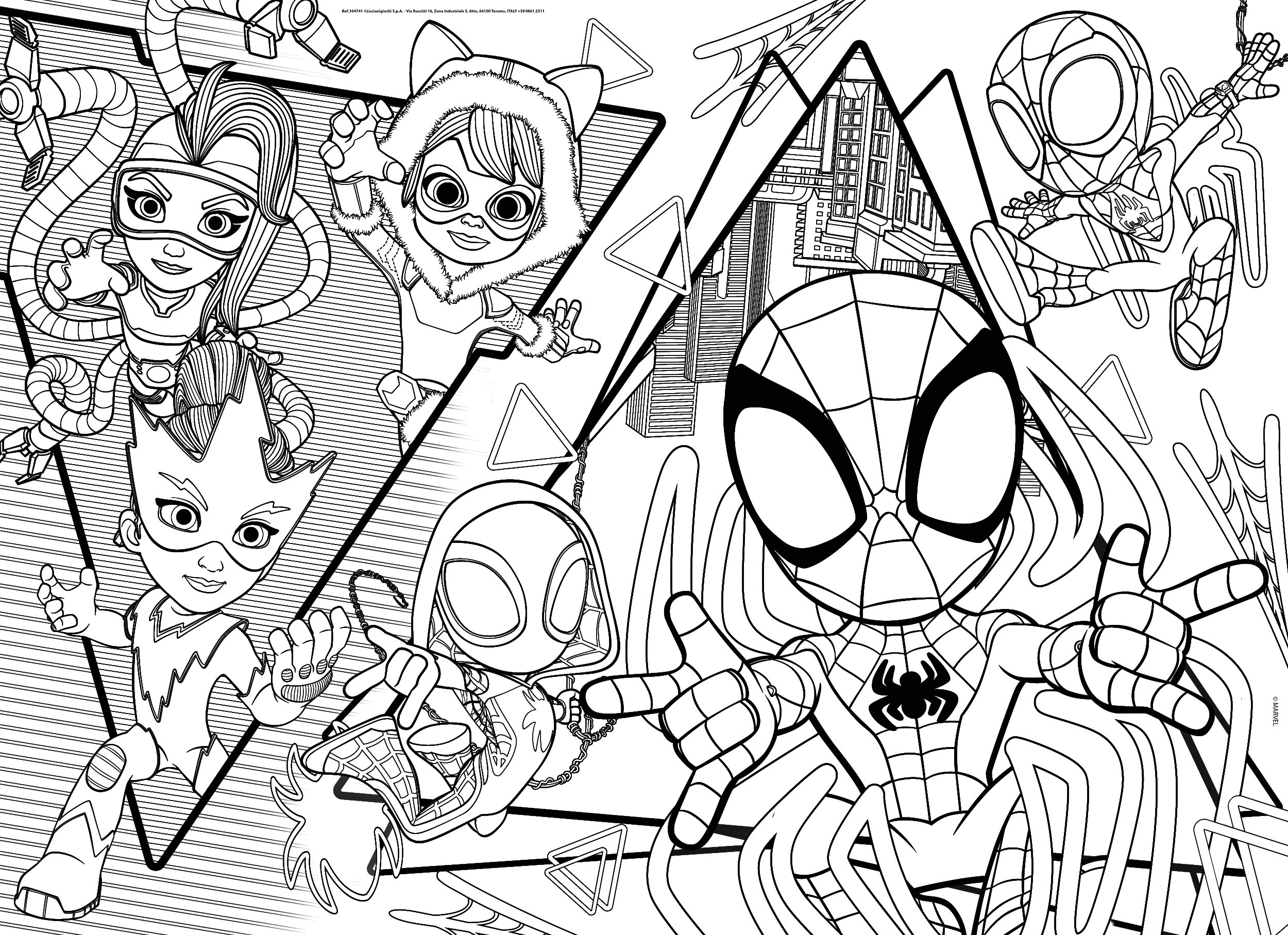 Página para colorear en blanco y negro con varios personajes, incluidos superhéroes y una ciudad.