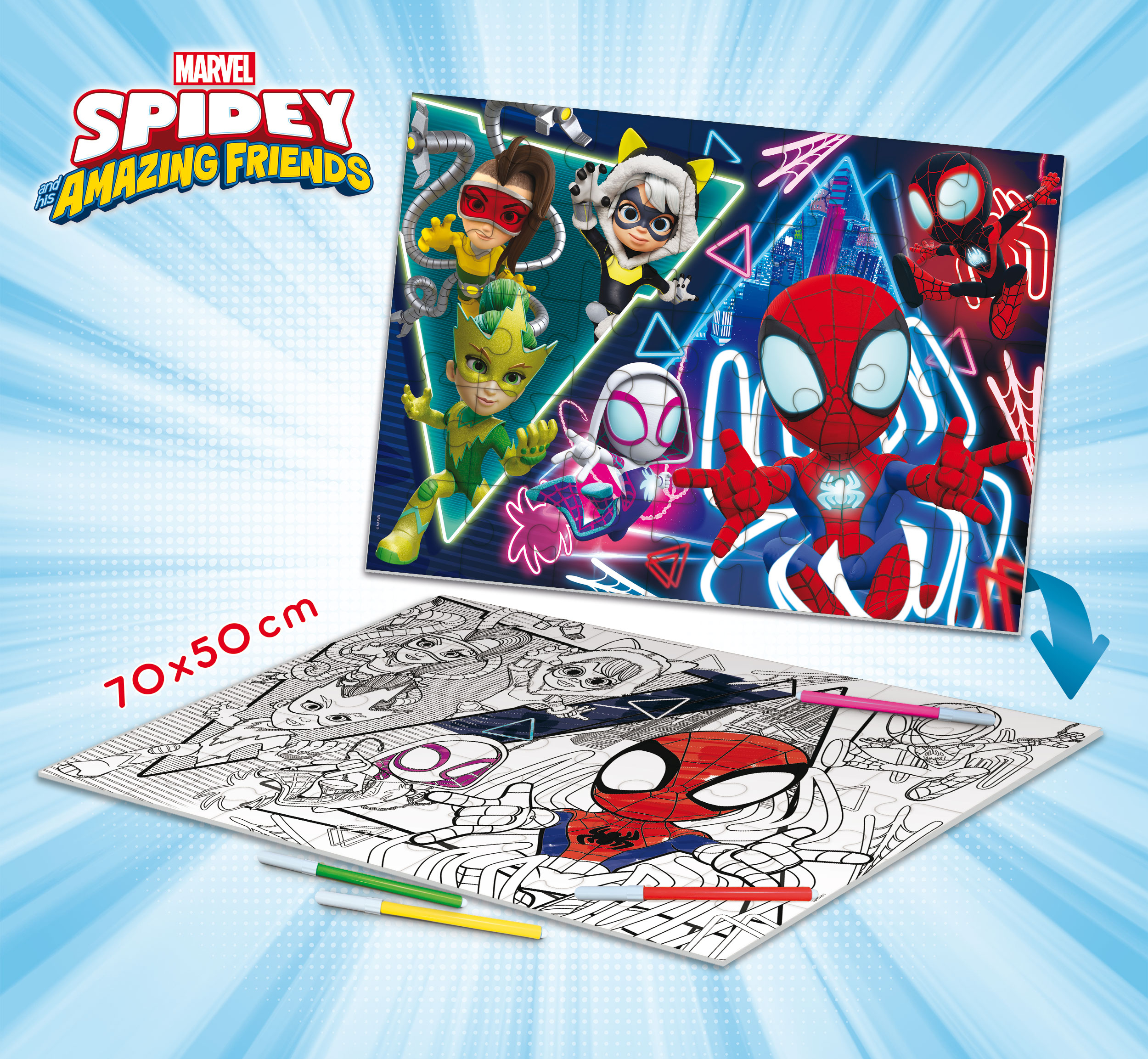 Puzle de Spidey y sus amigos, 70x50 cm, con frente colorido y reverso en blanco y negro para colorear con rotuladores.