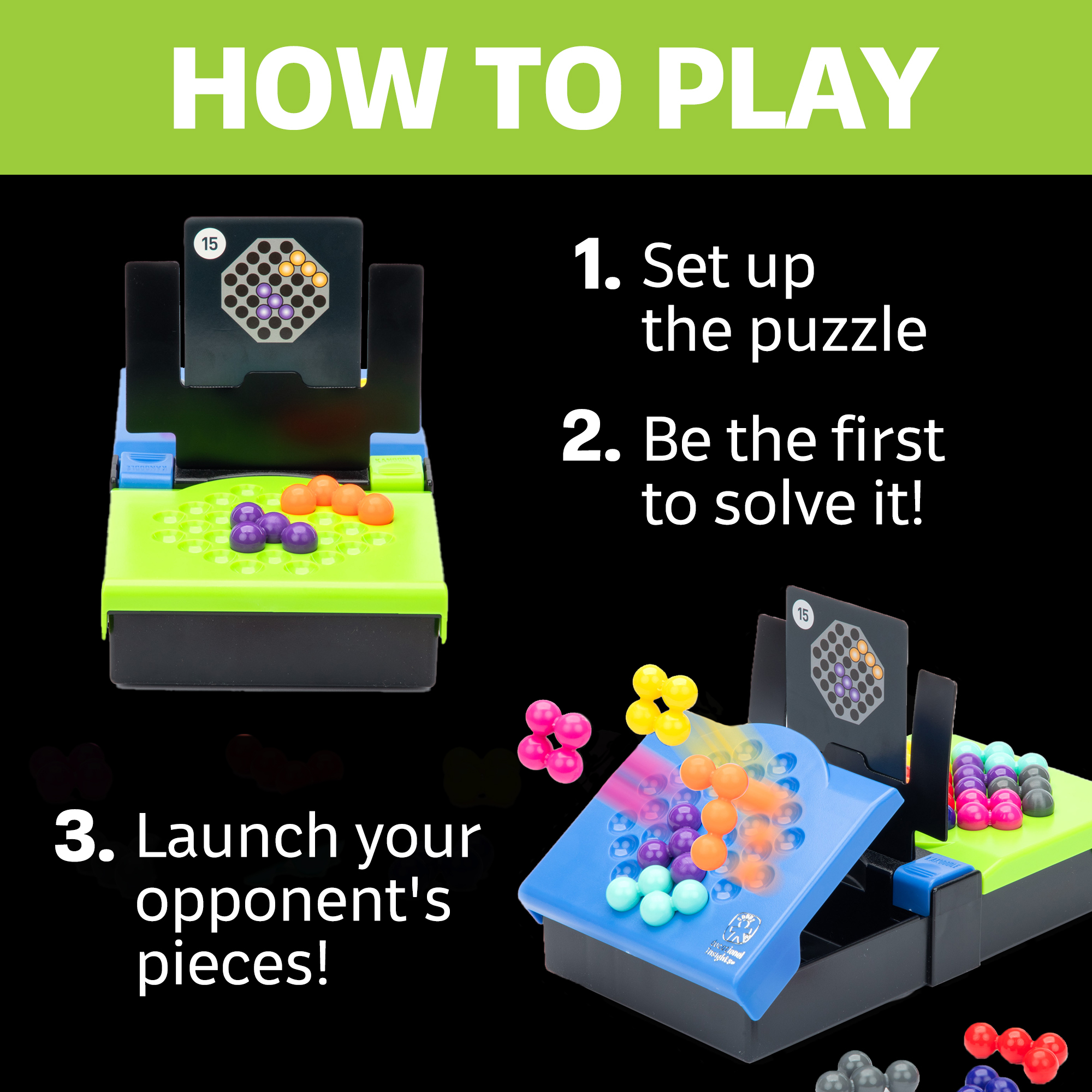 Anleitung zum Puzzlespiel mit bunten Kugeln und Spielbrett.