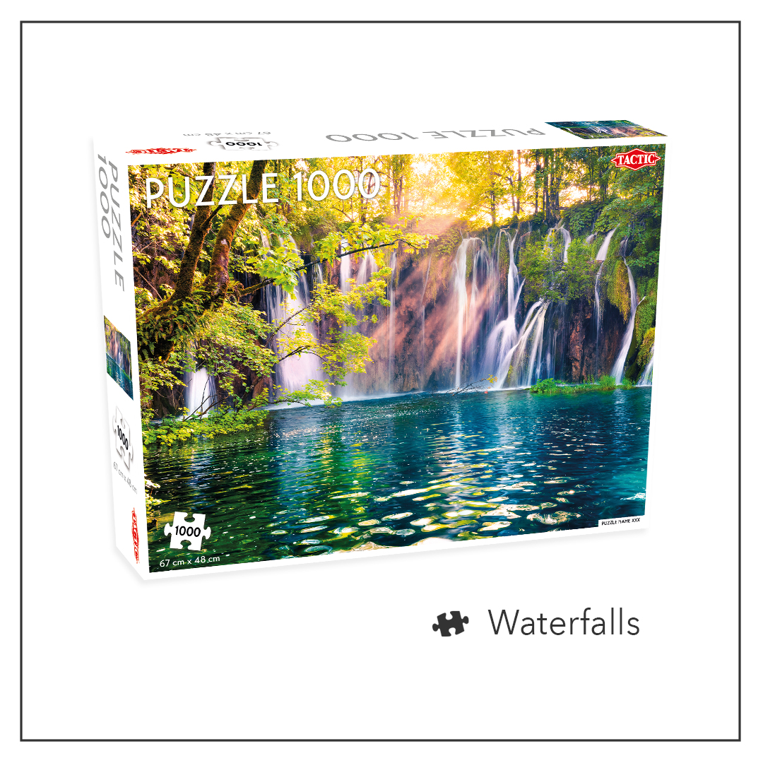 Una caja de rompecabezas de 1000 piezas muestra una cascada en el bosque con un lago azul.